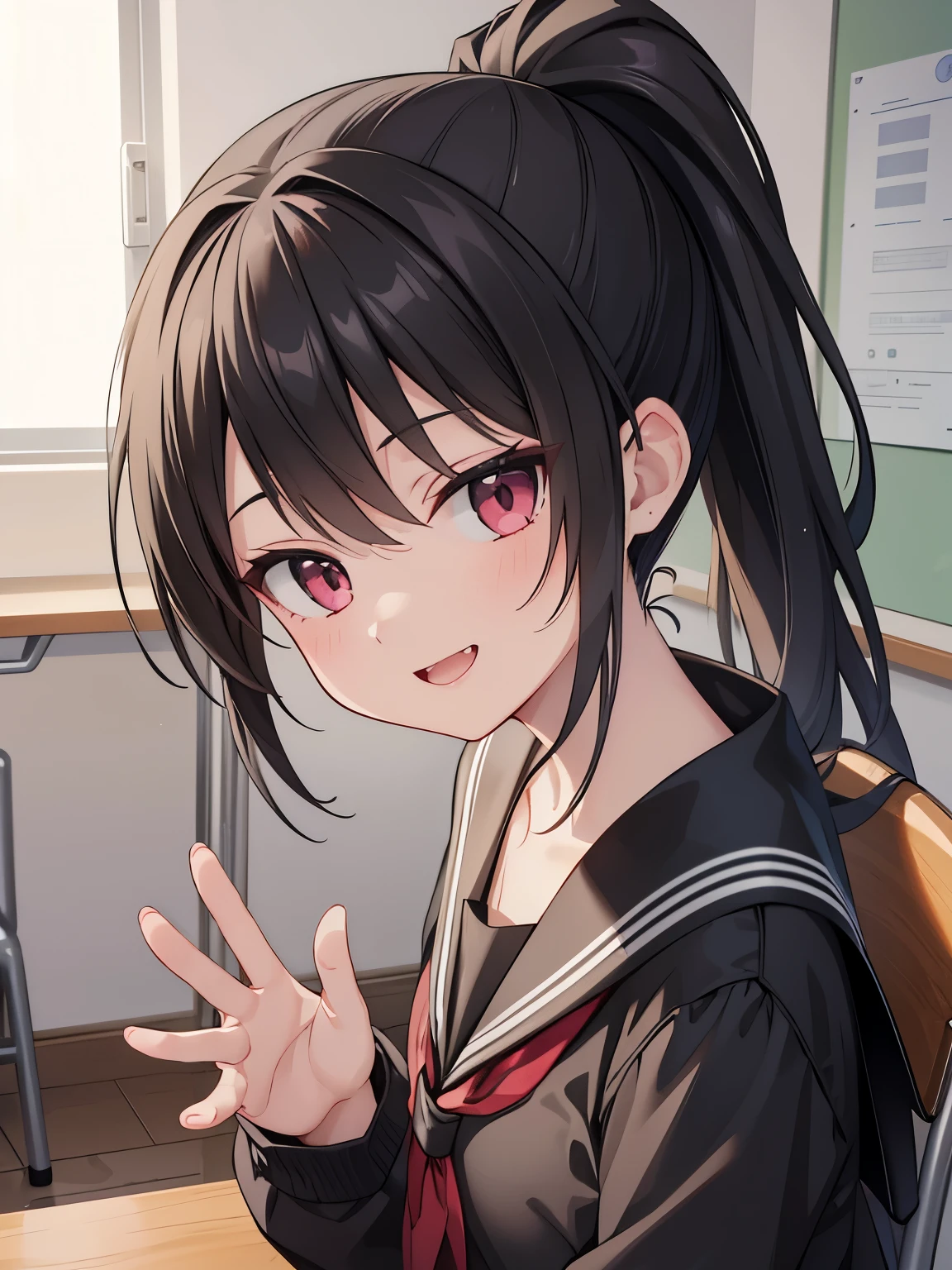 masterpiece, best quality, extremely detailed, anime, Girl, black hair, ponytail, pretty vampire teeth, , school desk, girl sitting on a chair and waving at me,smile