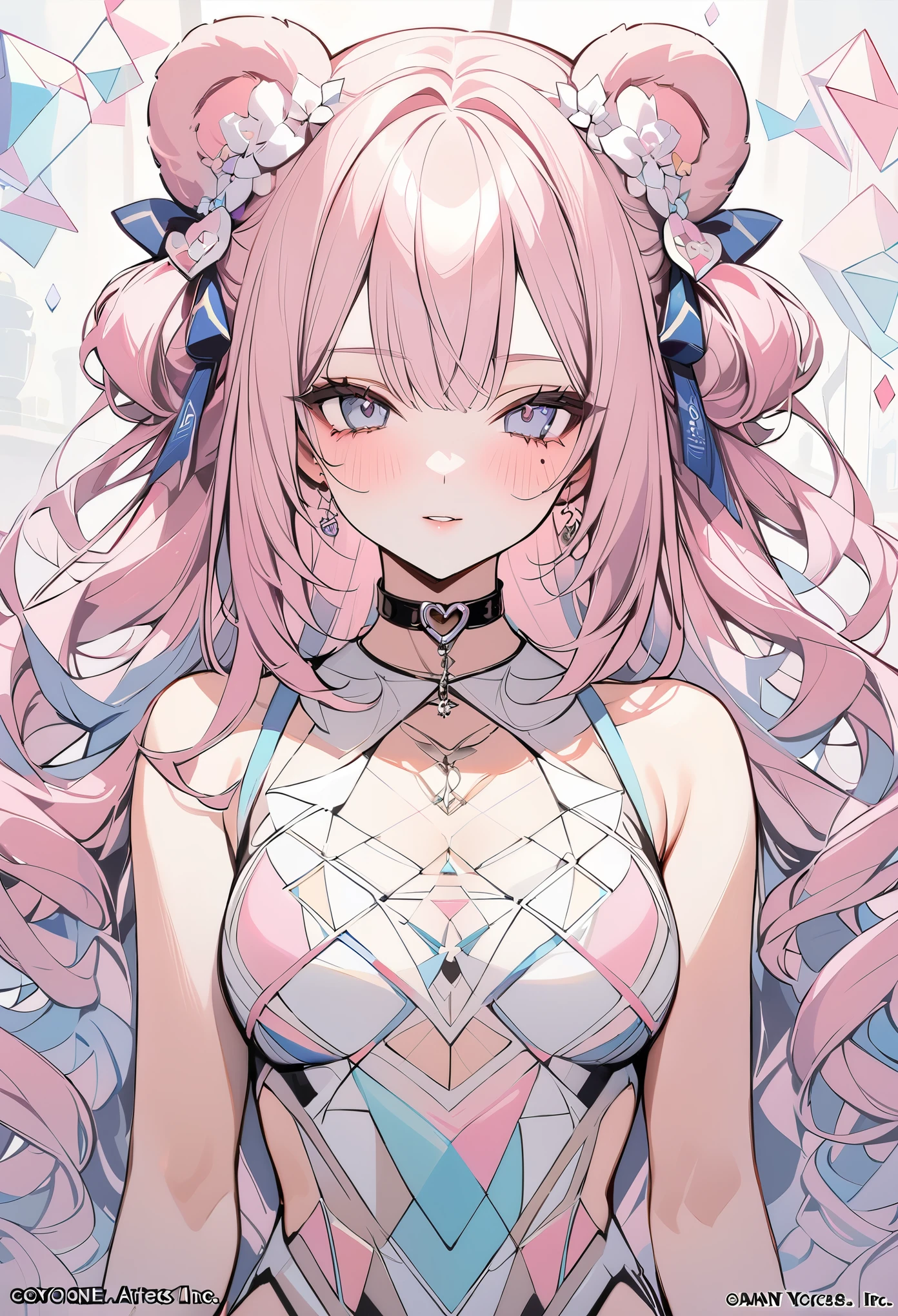 ,beautiful flower々）,mole under eye, heart shaped choker, (masterpiece, highest quality), official art, beautiful and aesthetic: 1.2), (1 girl), very detailed, (geometry art: 1.3), colorful、pink bob hair、bear ears、 whole body