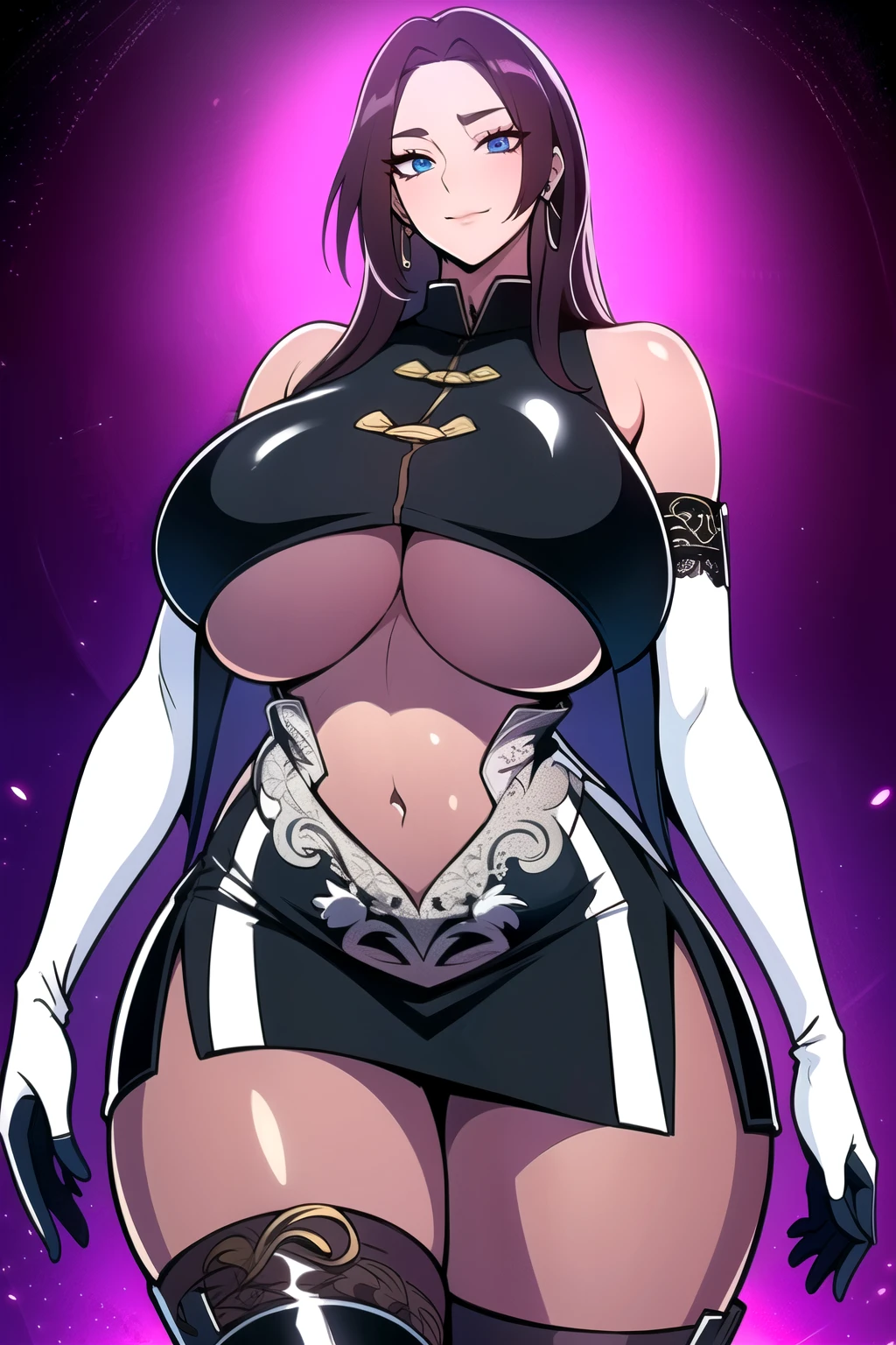ultra realistic 8k cg, masterpiece, (( intricate detail, highly detailed, fine details best quality, hyperdetailed face)), gigantic breasts ,beautiful lighting, absurdres, BoaHancockV2, 1girl, solo, black hair, long hair, jewelry, closed mouth, ), (chinese dress, (underboob : 1.4), elbow gloves, thigh boots, split skirt, bare shoulders, curvy, midriff, curvy, thighs, shiny clothes), blue eyes, (complex detailed background, inside, luxury palace), ((cowboy shot)), curvy, (gigantic breasts: 1.1), seductive smile, cowboy shot, (dark skin :1.1)