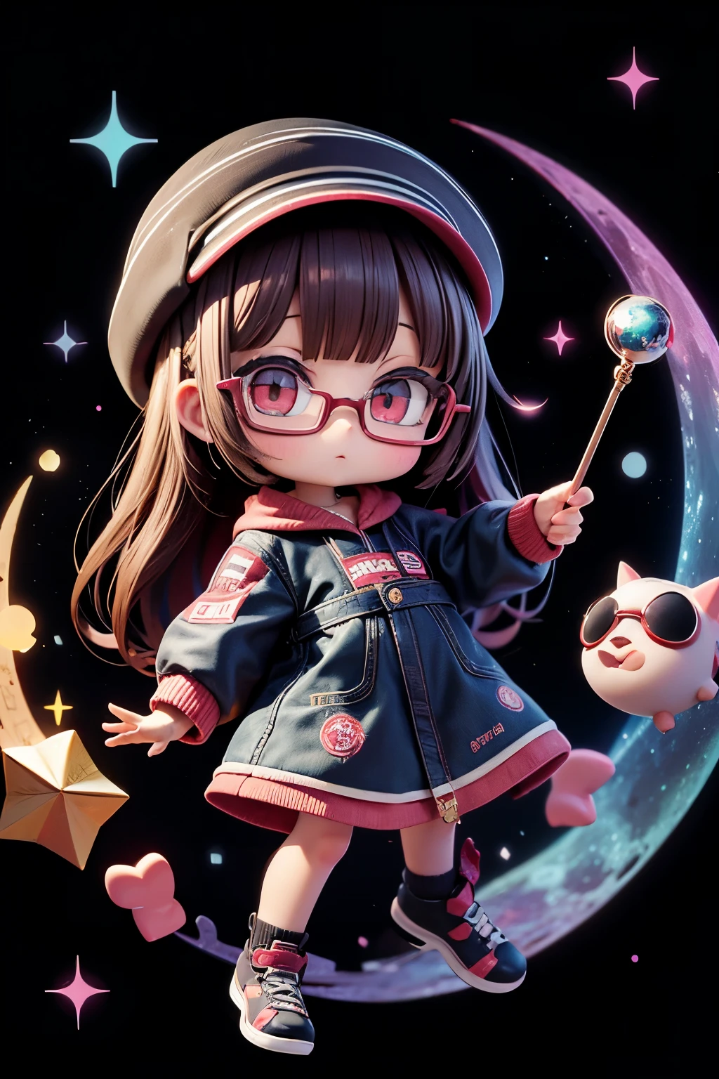 Chibi girl teaching cosmology、red glasses、Galaxy painting on background