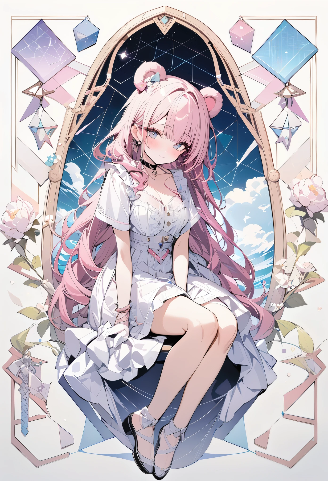 ,beautiful flower々),mole under eye, heart shaped choker, (masterpiece, highest quality), official art, beautiful and aesthetic: 1.2), (1 girl), very detailed, (geometry art: 1.3), colorful、pink bob hair、bear ears、 whole body