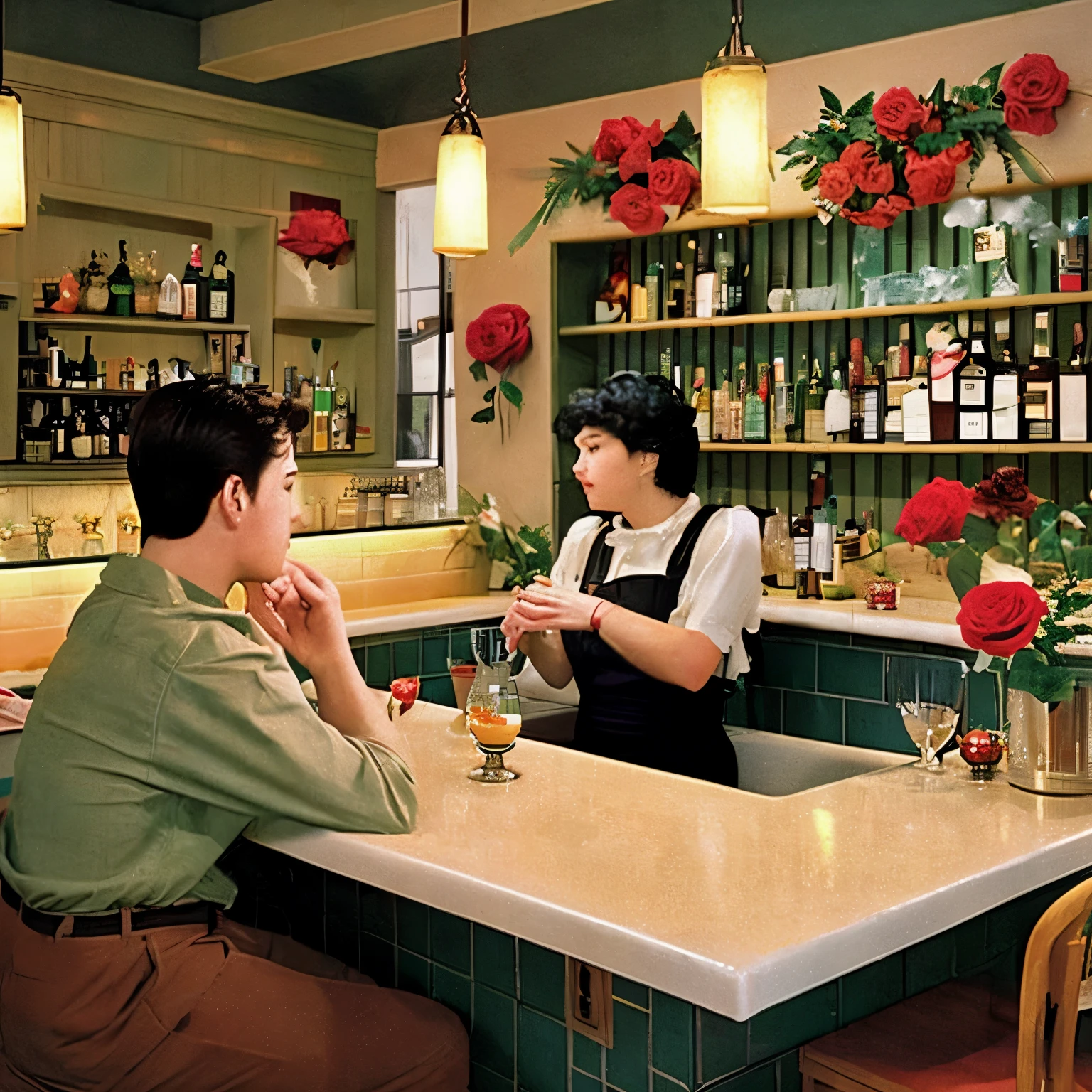 Photo of the BAR counter viewed from the front A man and a woman sitting side by side A rose flower between the two people at the counter
