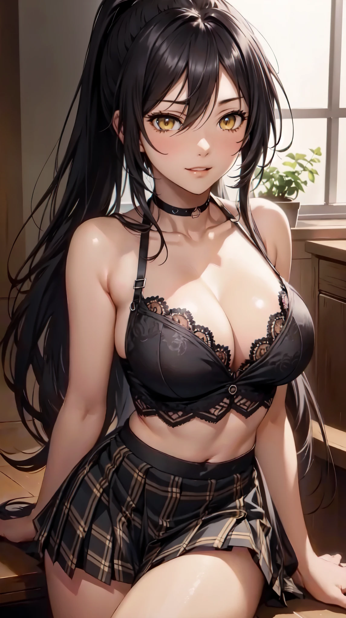 sakuyashirase, sakuya shirase, black hair, hair between eyes, long hair, (ponytail:1.4), (yellow eyes:1.5),NSFW,(large breasts:1.4),(cleavage between breasts),
break collarbone, green skirt, open collar, plaid, (plaid skirt, pleated skirt), skirt,(black lace underwear:1.4),
break looking at viewer, full body,(smile),
break indoors, classroom,
break (masterpiece:1.2), highest quality, High resolution, unity 8k wallpaper, (figure:0.8),vivid color, (detailed and beautiful eyes:1.4), highly detailed face, perfect lighting, Very detailed CG, (perfect hands, perfect anatomy),(Aesthetic Anime Eyes:1.3)