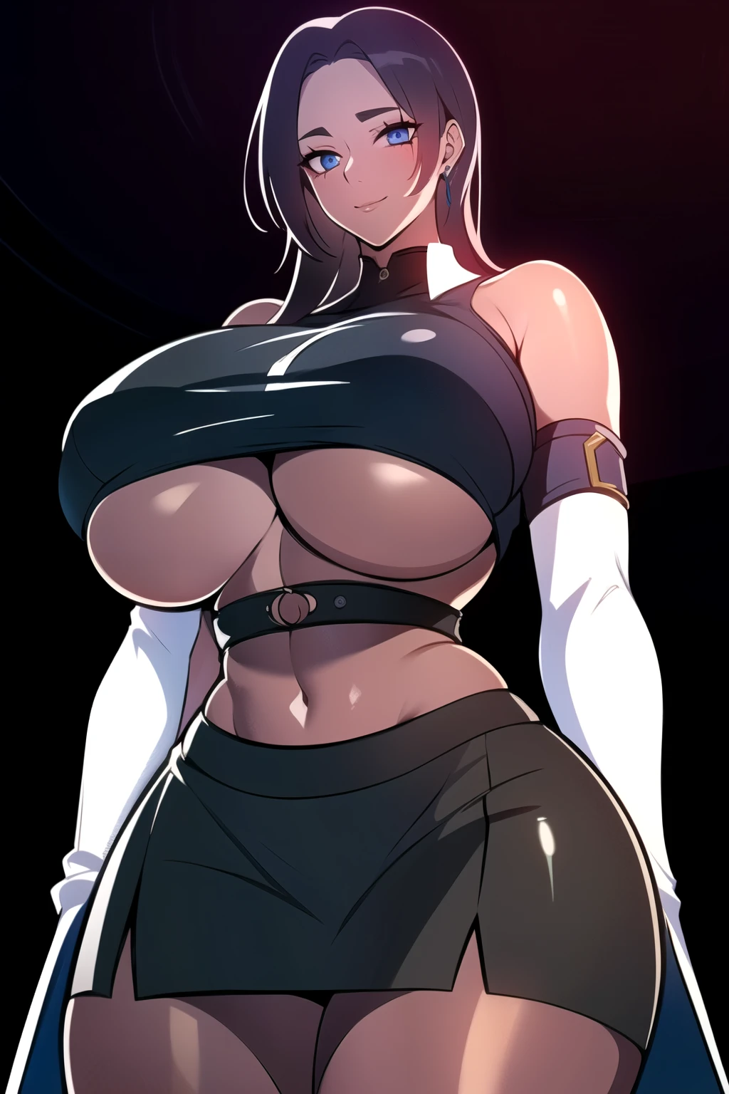 ultra realistic 8k cg, masterpiece, ((ultra detailed background, intricate detail, highly detailed, fine details best quality, hyperdetailed face)), gigantic breasts ,beautiful lighting, absurdres, BoaHancockV2, 1girl, solo, black hair, long hair, jewelry, closed mouth, ), ((black crop top : 1.1), (underboob : 1.4), elbow gloves, thigh boots, split skirt, bare shoulders, curvy, midriff, curvy, thighs, shiny clothes), blue eyes, complex detailed background, inside, luxury palace), ((cowboy shot)), curvy, (gigantic breasts: 1.1), seductive smile, cowboy shot, , (dark skin :1.1)