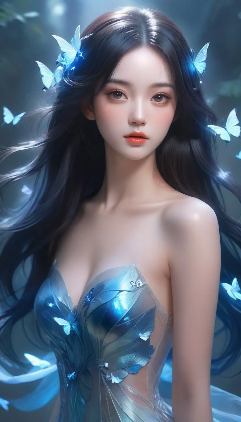 there is a woman with blue butterflies in her hair, inspired by Ross Tran, beautiful digital artwork, by Yang J, ! dream artgerm, extremely detailed artgerm, exquisite digital illustration, alice x. zhang, beautiful digital illustration, neoartcore and charlie bowater, 8k stunning artwork, in the style of ross tran, ross tran 8 k