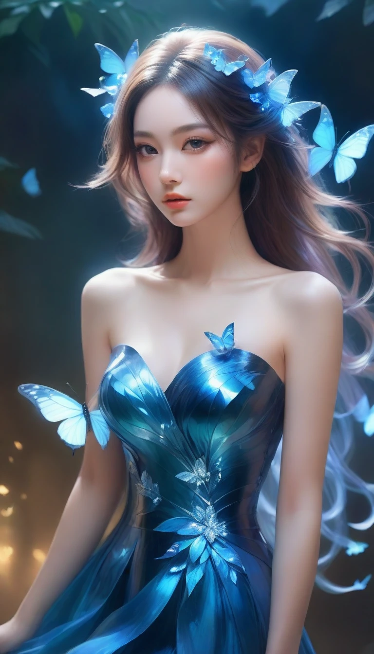 there is a woman with blue butterflies in her hair, inspired by Ross Tran, beautiful digital artwork, by Yang J, ! dream artgerm, extremely detailed artgerm, exquisite digital illustration, alice x. zhang, beautiful digital illustration, neoartcore and charlie bowater, 8k stunning artwork, in the style of ross tran, ross tran 8 k