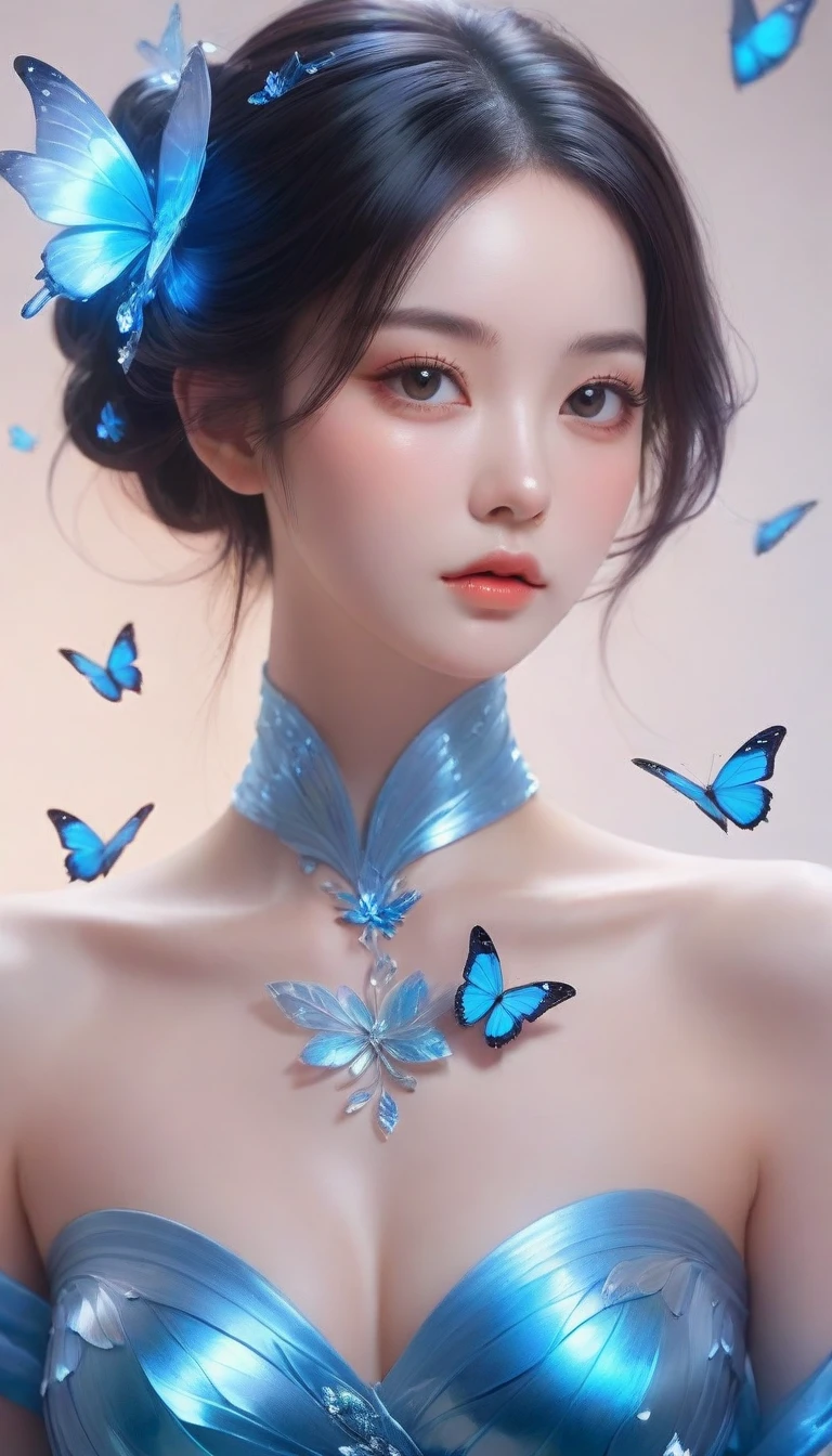 there is a woman with blue butterflies in her hair, inspired by Ross Tran, beautiful digital artwork, by Yang J, ! dream artgerm, extremely detailed artgerm, exquisite digital illustration, alice x. zhang, beautiful digital illustration, neoartcore and charlie bowater, 8k stunning artwork, in the style of ross tran, ross tran 8 k