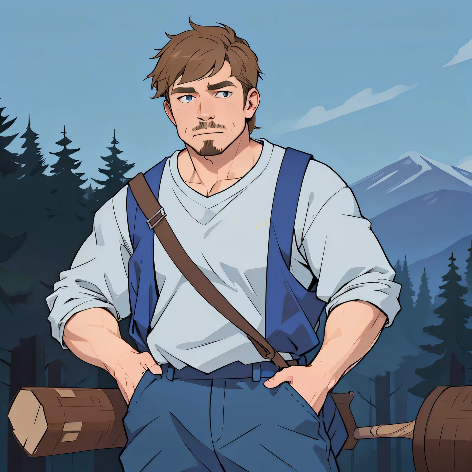 Cartoon character with mustache and suspenders standing in front of forest, Caleb plays key role, rugged male ranger, my portrait, full body dndportrait, Detailed portrait, human male character art, My character concept portrait, Male character design, Inspired by Clovis Truyer, Inspired by Johannes Helgesson, portrait