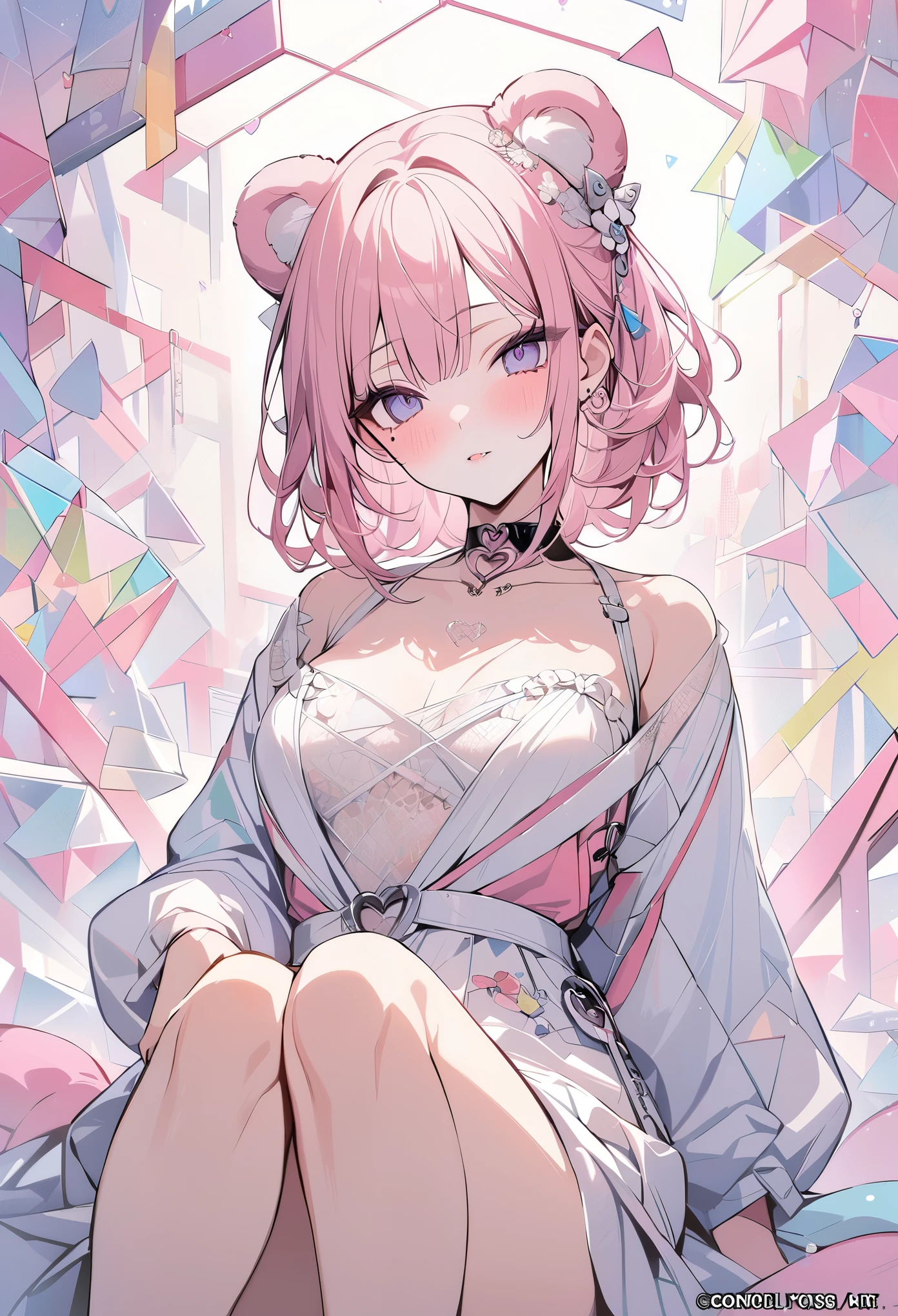 ,beautiful flower々）,mole under eye, heart shaped choker, (masterpiece, highest quality), official art, beautiful and aesthetic: 1.2), (1 girl), very detailed, (geometry art: 1.3), colorful、pink bob hair、bear ears、 whole body