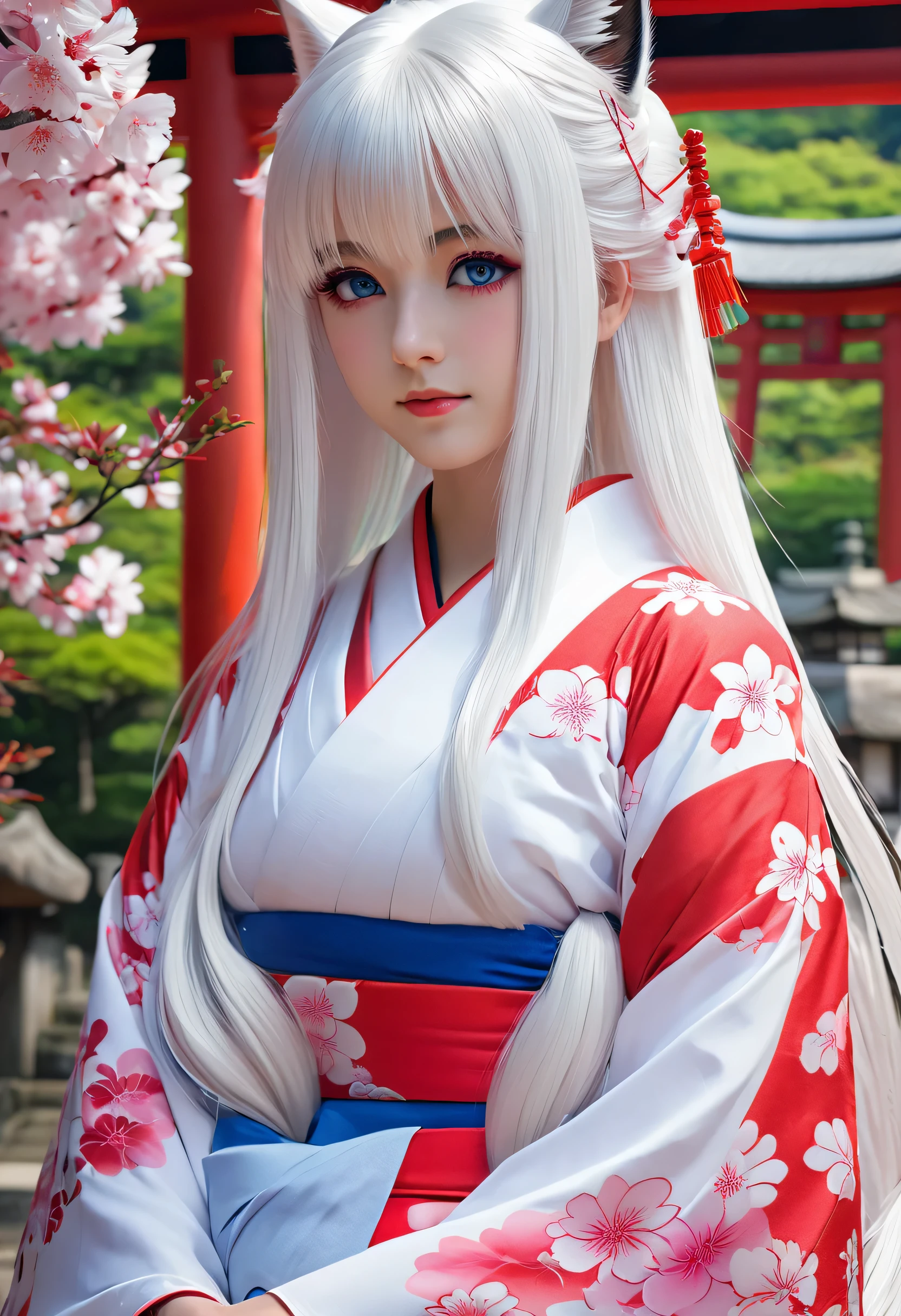 1foxgirl, , long white hair, blue and pink eyes, wearing white and red miko dress, japanese shrine, absurdres, high res, ultrasharp, anime art wallpaper 4k, masterpiece, looking at viewer the girls breast is very very big