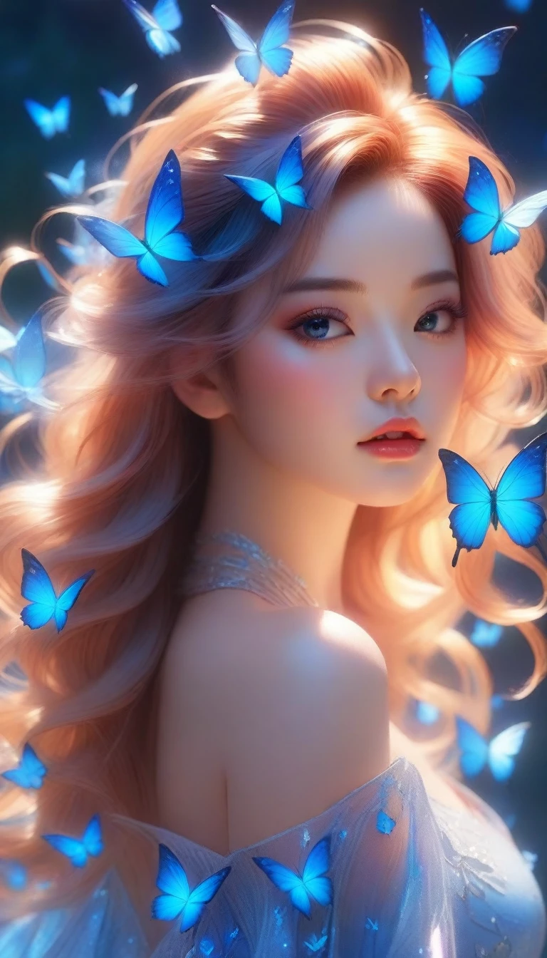 there is a woman with blue butterflies in her hair, inspired by Ross Tran, beautiful digital artwork, by Yang J, ! dream artgerm, extremely detailed artgerm, exquisite digital illustration, alice x. zhang, beautiful digital illustration, neoartcore and charlie bowater, 8k stunning artwork, in the style of ross tran, ross tran 8 k