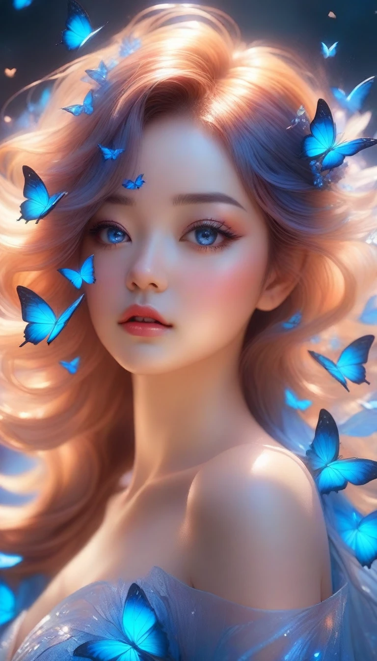 there is a woman with blue butterflies in her hair, inspired by Ross Tran, beautiful digital artwork, by Yang J, ! dream artgerm, extremely detailed artgerm, exquisite digital illustration, alice x. zhang, beautiful digital illustration, neoartcore and charlie bowater, 8k stunning artwork, in the style of ross tran, ross tran 8 k