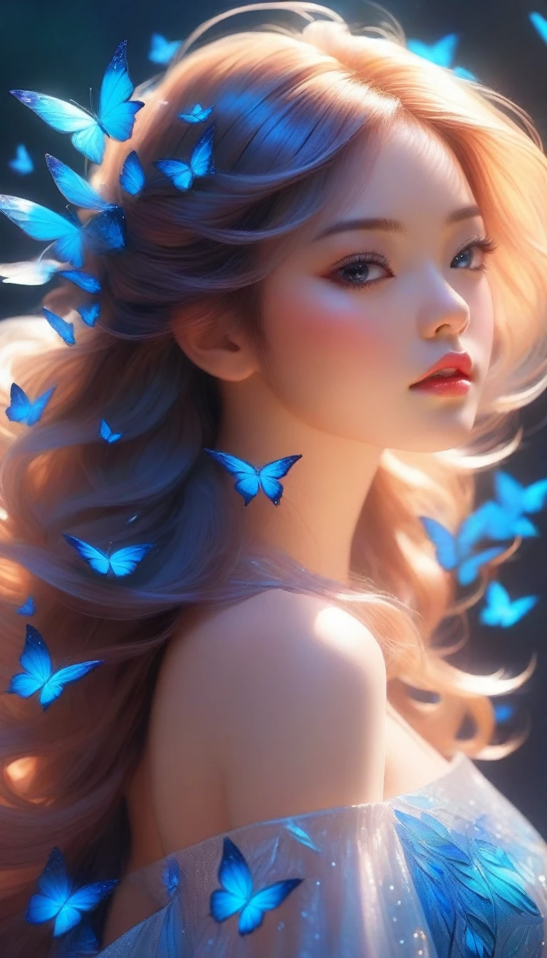 there is a woman with blue butterflies in her hair, inspired by Ross Tran, beautiful digital artwork, by Yang J, ! dream artgerm, extremely detailed artgerm, exquisite digital illustration, alice x. zhang, beautiful digital illustration, neoartcore and charlie bowater, 8k stunning artwork, in the style of ross tran, ross tran 8 k