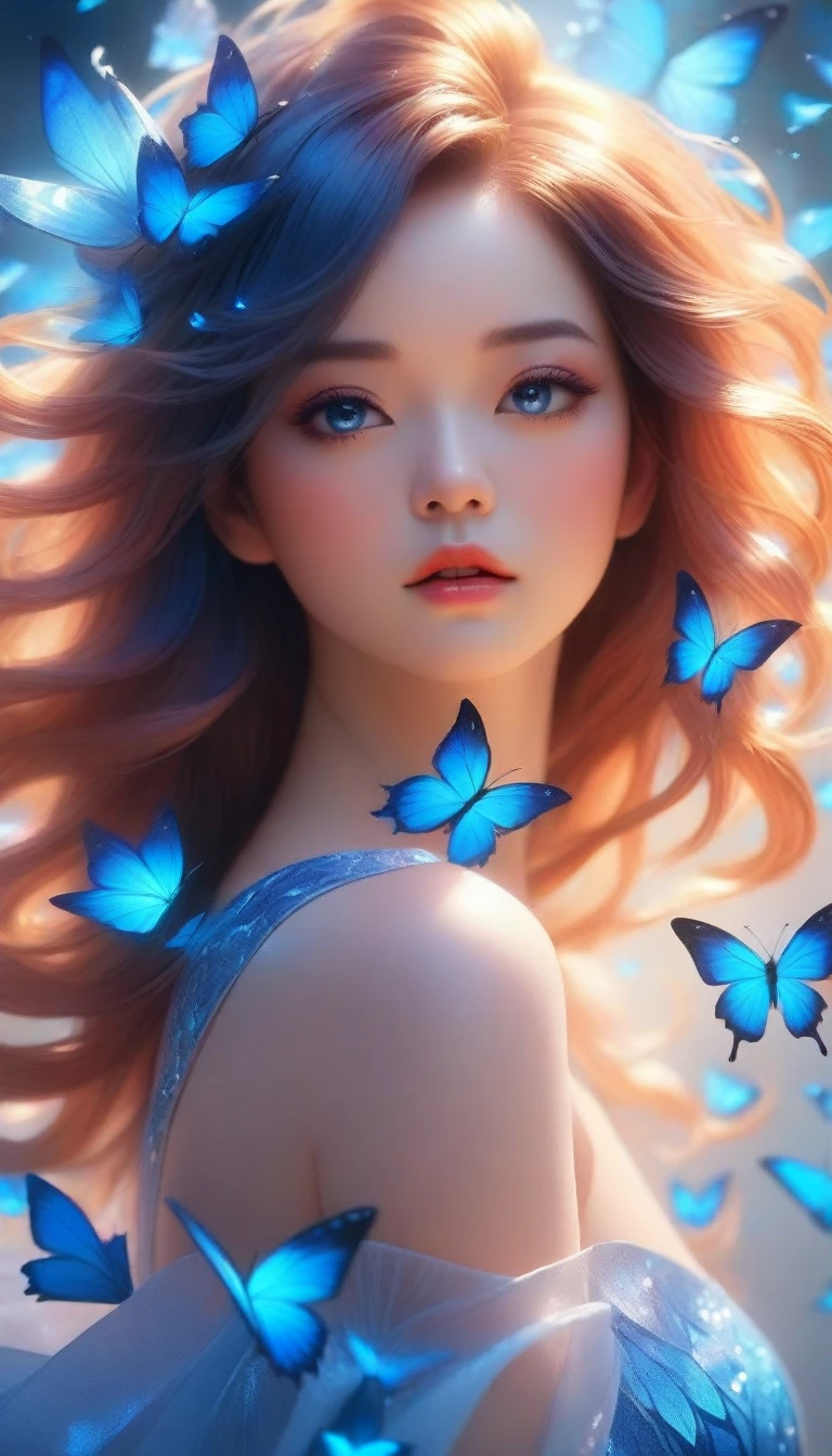 there is a woman with blue butterflies in her hair, inspired by Ross Tran, beautiful digital artwork, by Yang J, ! dream artgerm, extremely detailed artgerm, exquisite digital illustration, alice x. zhang, beautiful digital illustration, neoartcore and charlie bowater, 8k stunning artwork, in the style of ross tran, ross tran 8 k