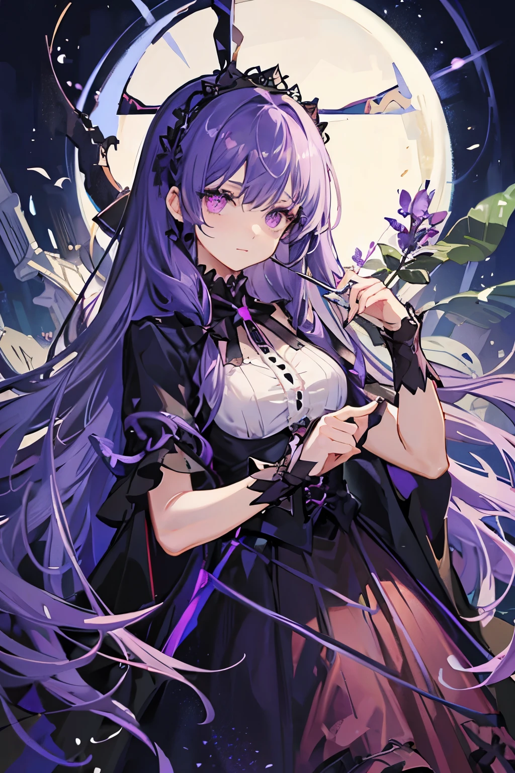 gothic,long hair,purple hair, black ribbon, 1woman,lavender eyes,