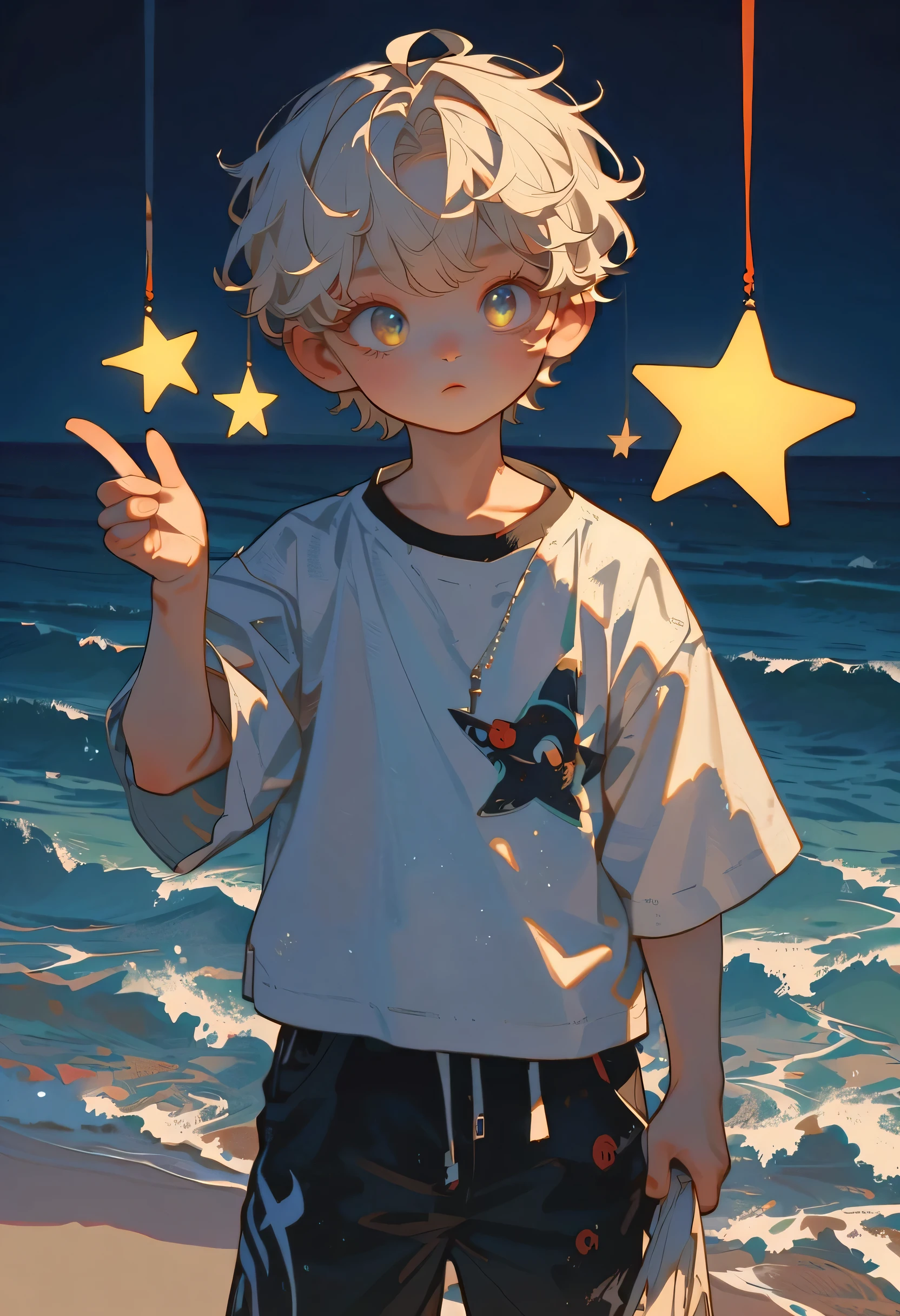 Style 9，1 little boy，Ocean，Ocean beach，night，Holding many stars