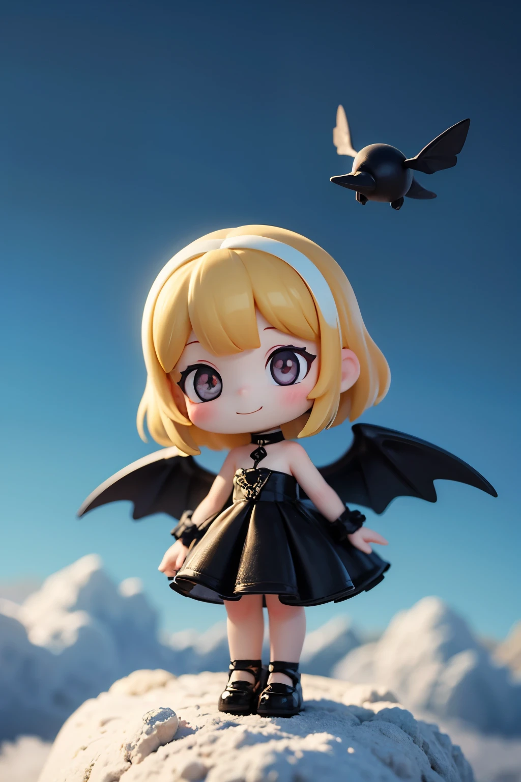 Blonde girl with black wings and black pearls in a white dress of transparent thin fabric、Shine、Flying above the clouds、smile、From the side