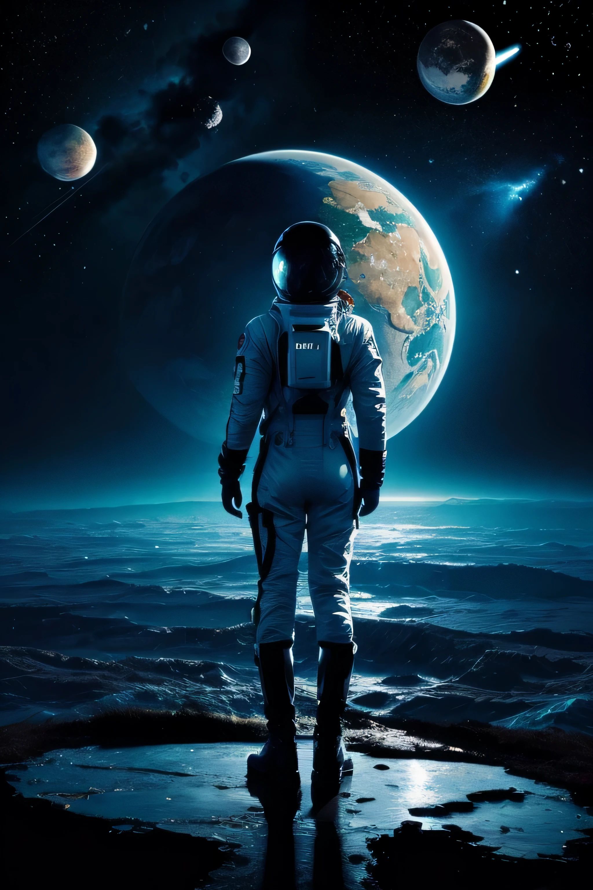 Nice feature, ink, Splash Art", Amazing beauty ,Super detailed splash art modern European ink painting, woman astronaut in moom,vast Landscape,SEE Theo BLUE planet earth in sky, constelations,mysterious ,no water