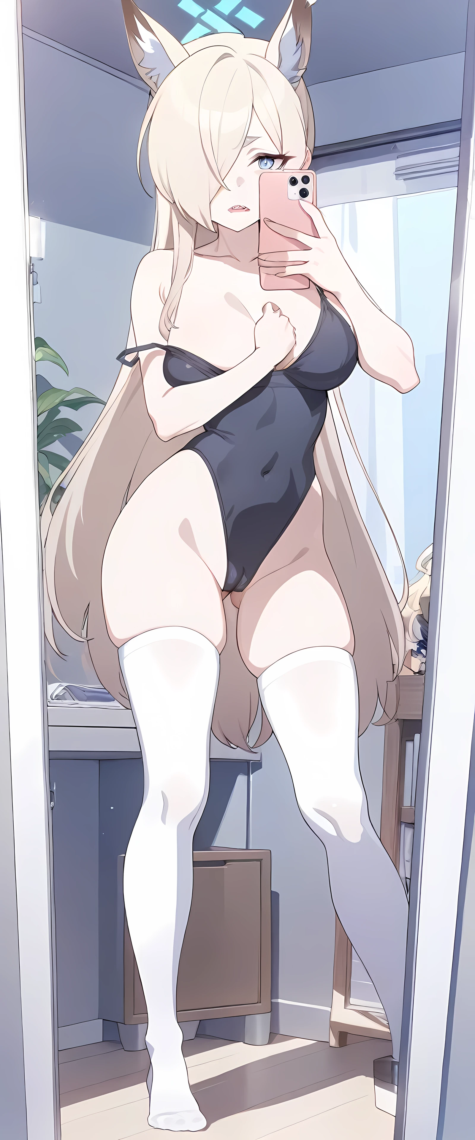 Kanna from Blue Archive, sharp teeth, long kitsune ears, long hair, Black swimsuit, strap slip, cameltoe, White Thigh-highs, 1girl, Masterpiece, Best Quality, HDR, Blue archive artstyle, Detailed face, sexual pose, breasts, Full body picture, front view, Standing infront of a mirror, taking a selfie, phone in hand