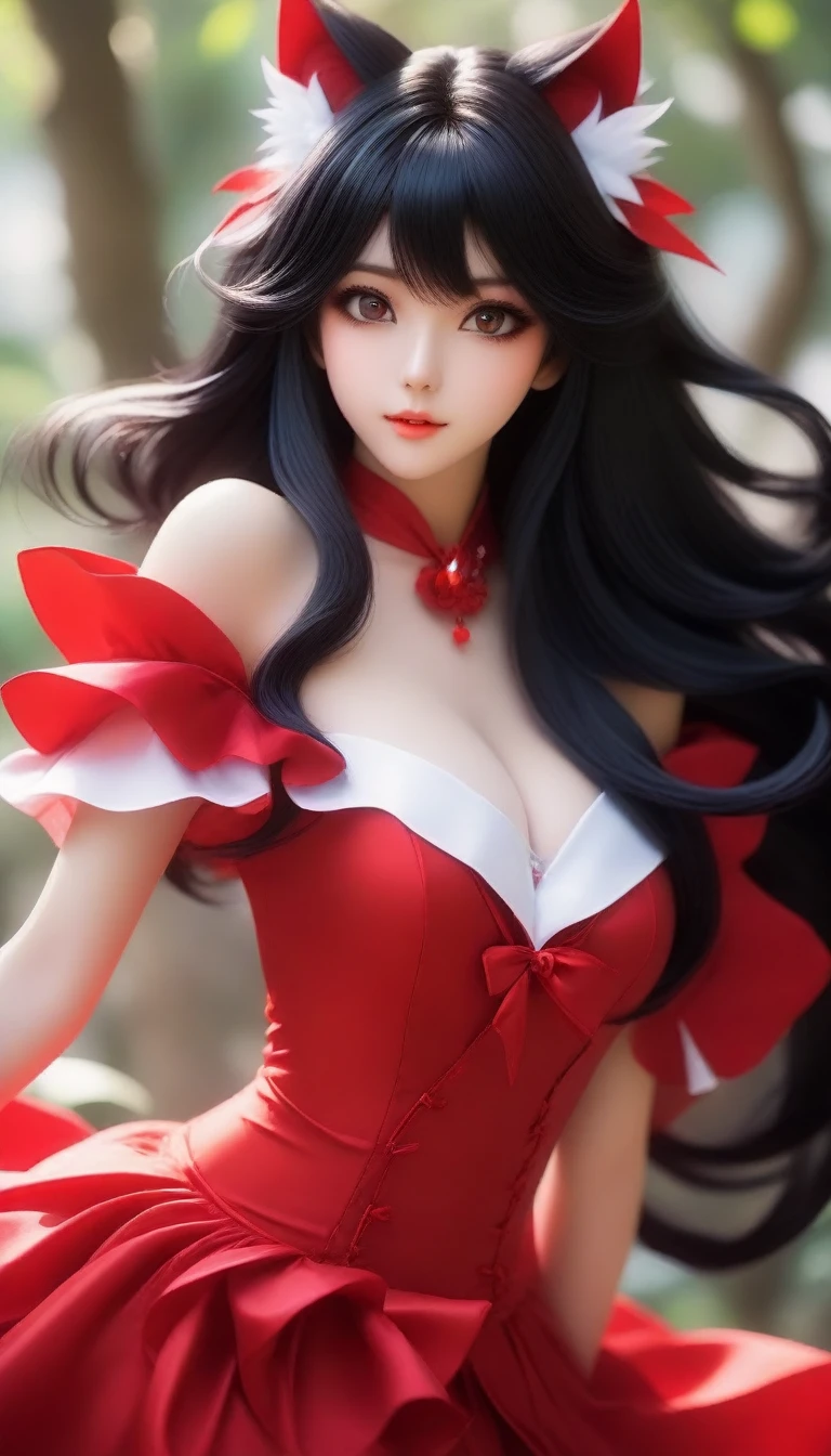 anime girl with black hair and red dress posing for a picture, anime girl cosplay, beautiful anime catgirl, anime cosplay, stunning anime face portrait, ahri from league of legends, anime waifu, beautiful anime girl, portrait of ahri, anime inspired, anime girl in real life, anime girl, beautiful anime face, beautiful anime woman, ahri, anime thai girl