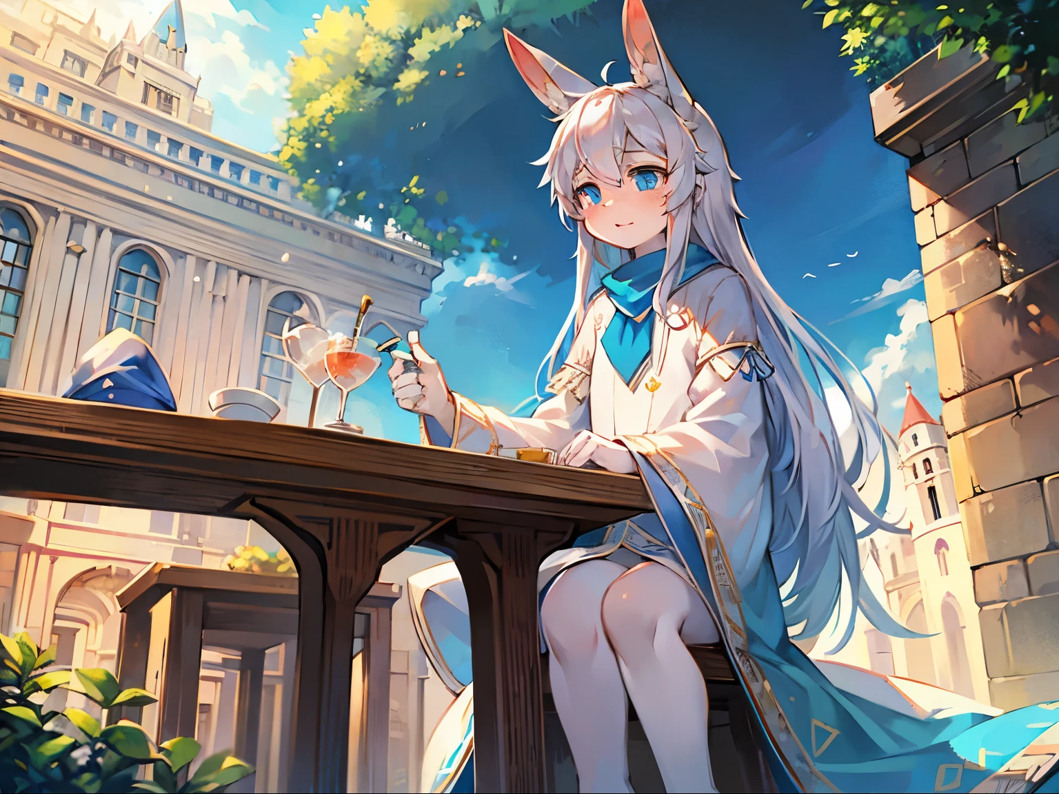 a white rabbit,blue pupils,tea table,parasol,drinks,summer afternoon,castle,Blue scarf,long bunny ears,Lovely shota,Warm colors,white robe,Blue decoration,gorgeous costumes,Open-air balcony,Playful and cute,long hair,坐在tea table前,海边的castle