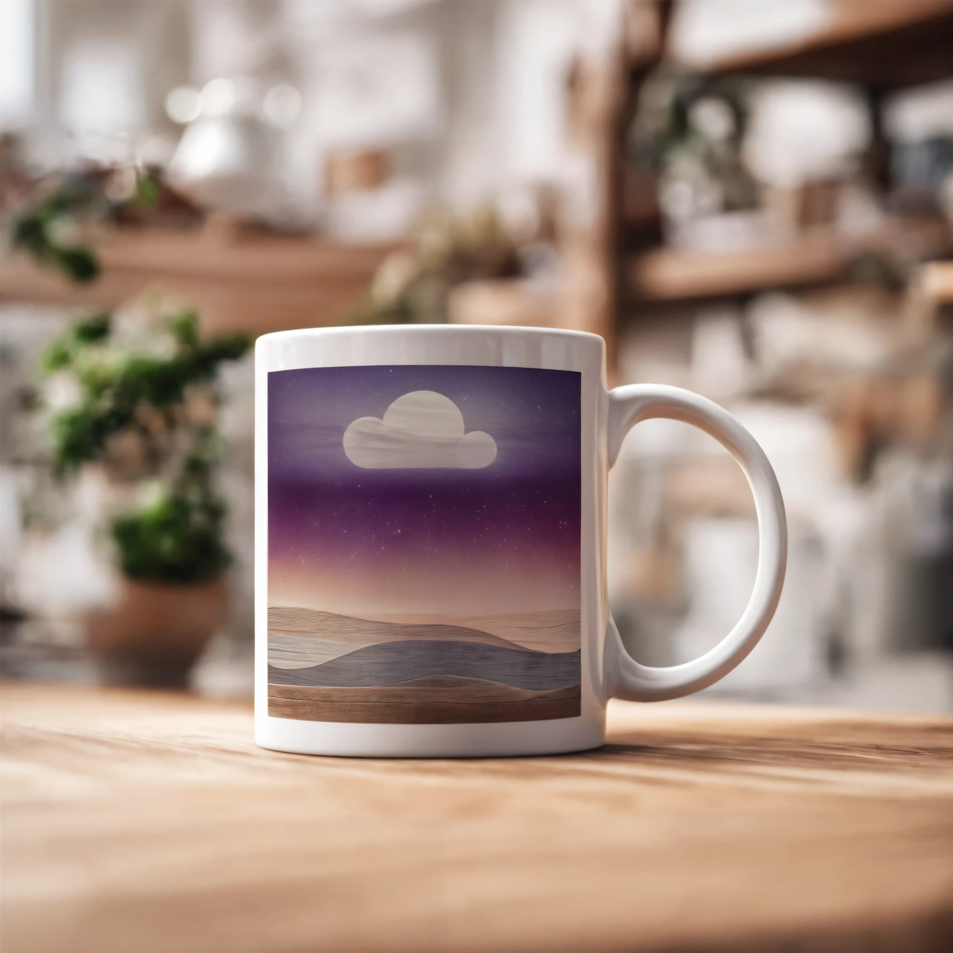 a photo of white mug standing on a wooden desk in a boho interior, realistic, profesional looking, sony a7r photo, shallow depth of field, bright, aesthetic