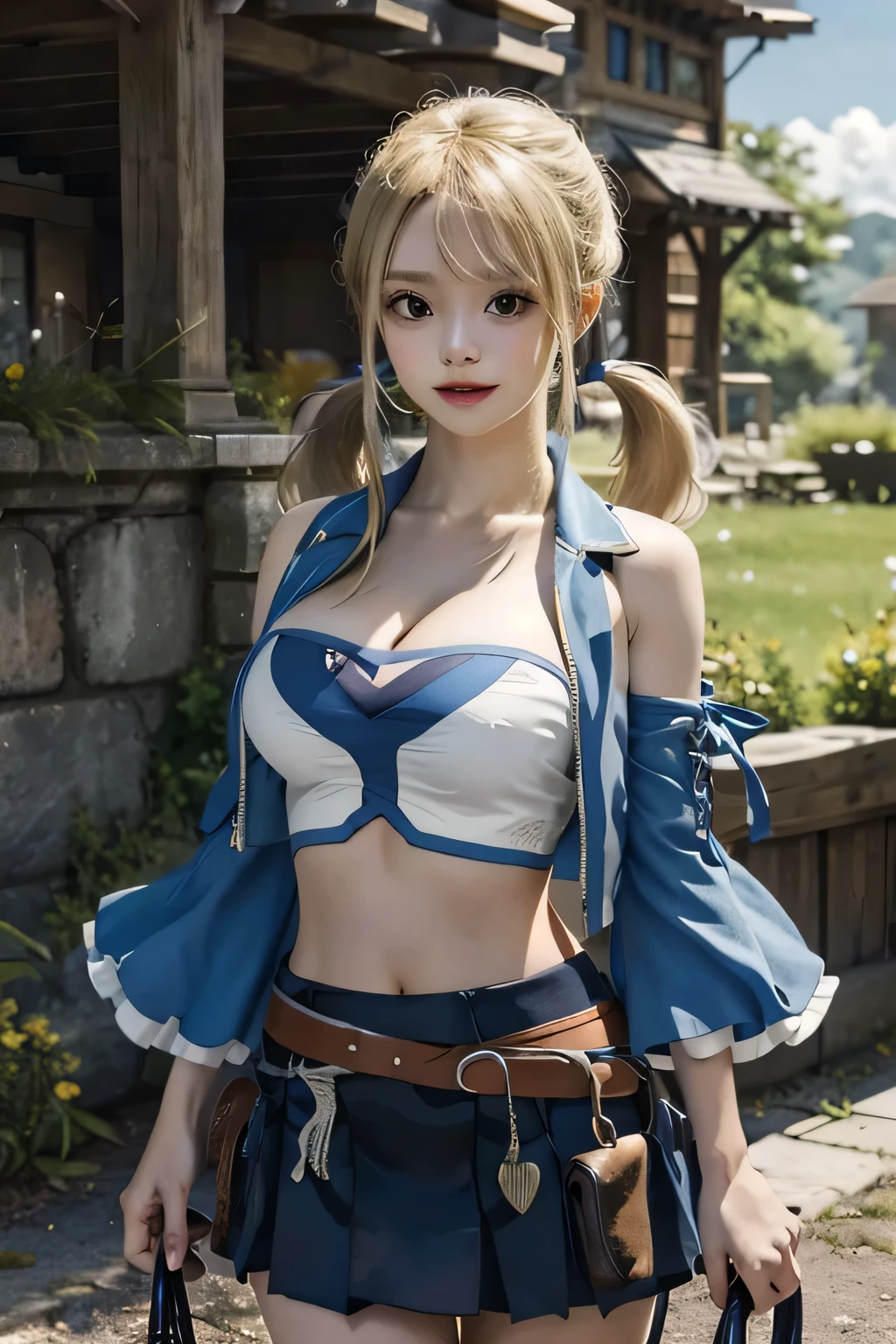 masterpiece, highest quality, High resolution, lucy heartfilia, blonde hair, long hair, big breasts, white shirt, No sleeve, belt, blue skirt, cowboy shot, Are standing, looking at the viewer, outdoor, wave hands, smile, open your mouth,lucy heartfilia, blonde hair, twintails, large breasts, black thighhighs, detached sleeves, midriff, cropped vest, strapless, belt, black skirt