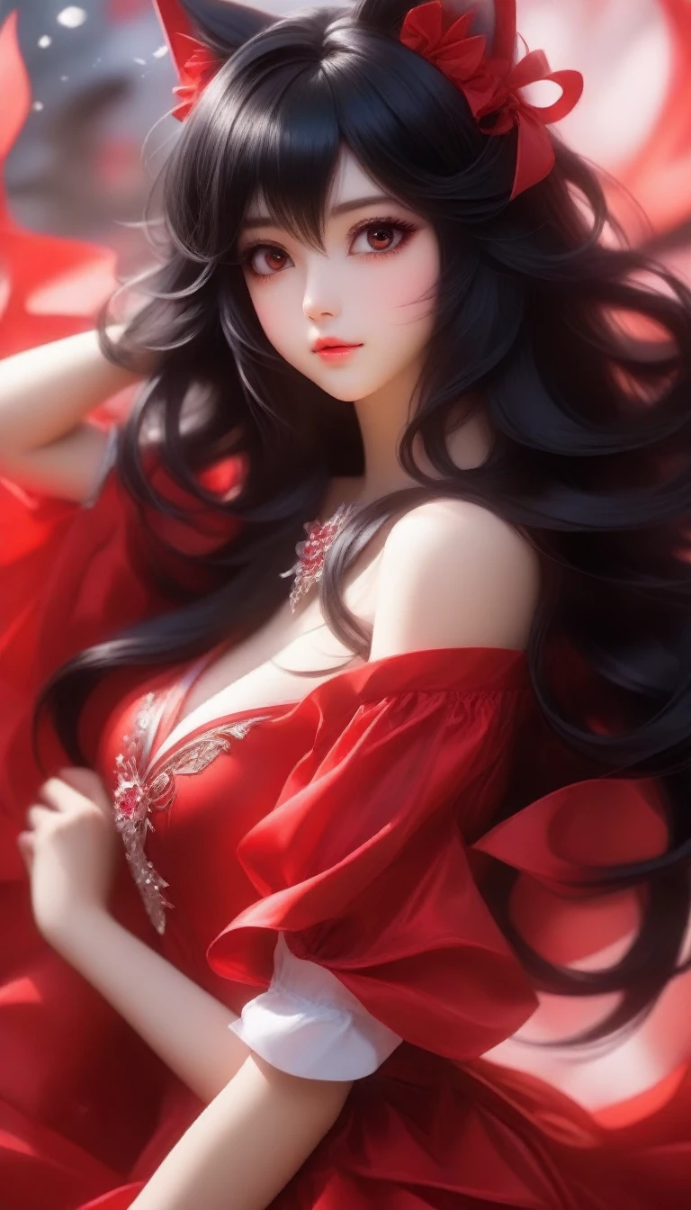 A like girl beautiful anime girl with long black hair and red dress sitting on a bed, portrait of ahri, extremely detailed artgerm, ahri, ahri from league of legends, irelia, irelia from league of legends, artgerm. high detail, artgerm and rossdraws, ig model | artgerm, artgerm detailed