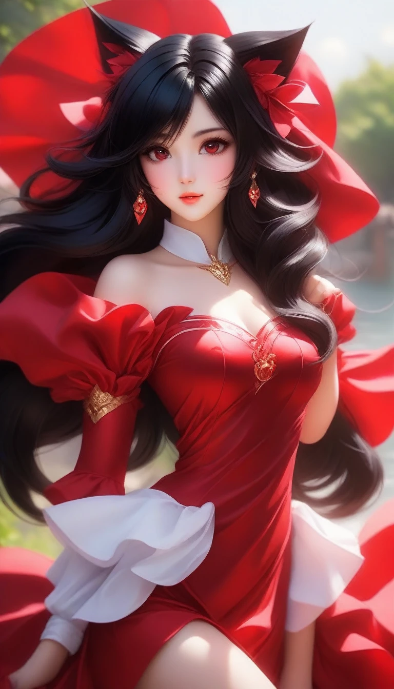 anime girl with black hair and red dress posing for a picture, anime girl cosplay, beautiful anime catgirl, anime cosplay, stunning anime face portrait, ahri from league of legends, anime waifu, beautiful anime girl, portrait of ahri, anime inspired, anime girl in real life, anime girl, beautiful anime face, beautiful anime woman, ahri, anime thai girl