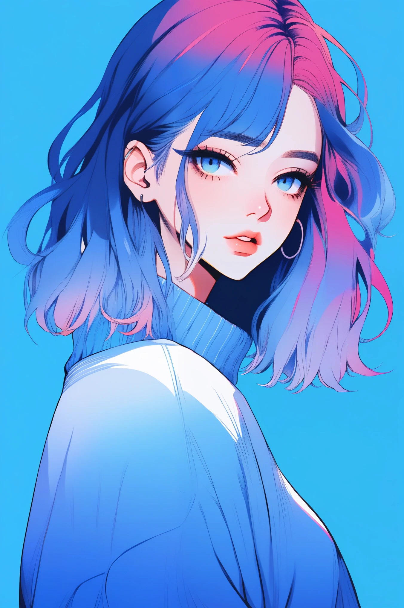 A girl with blue hair and pink hair is staring at the camera - SeaArt AI