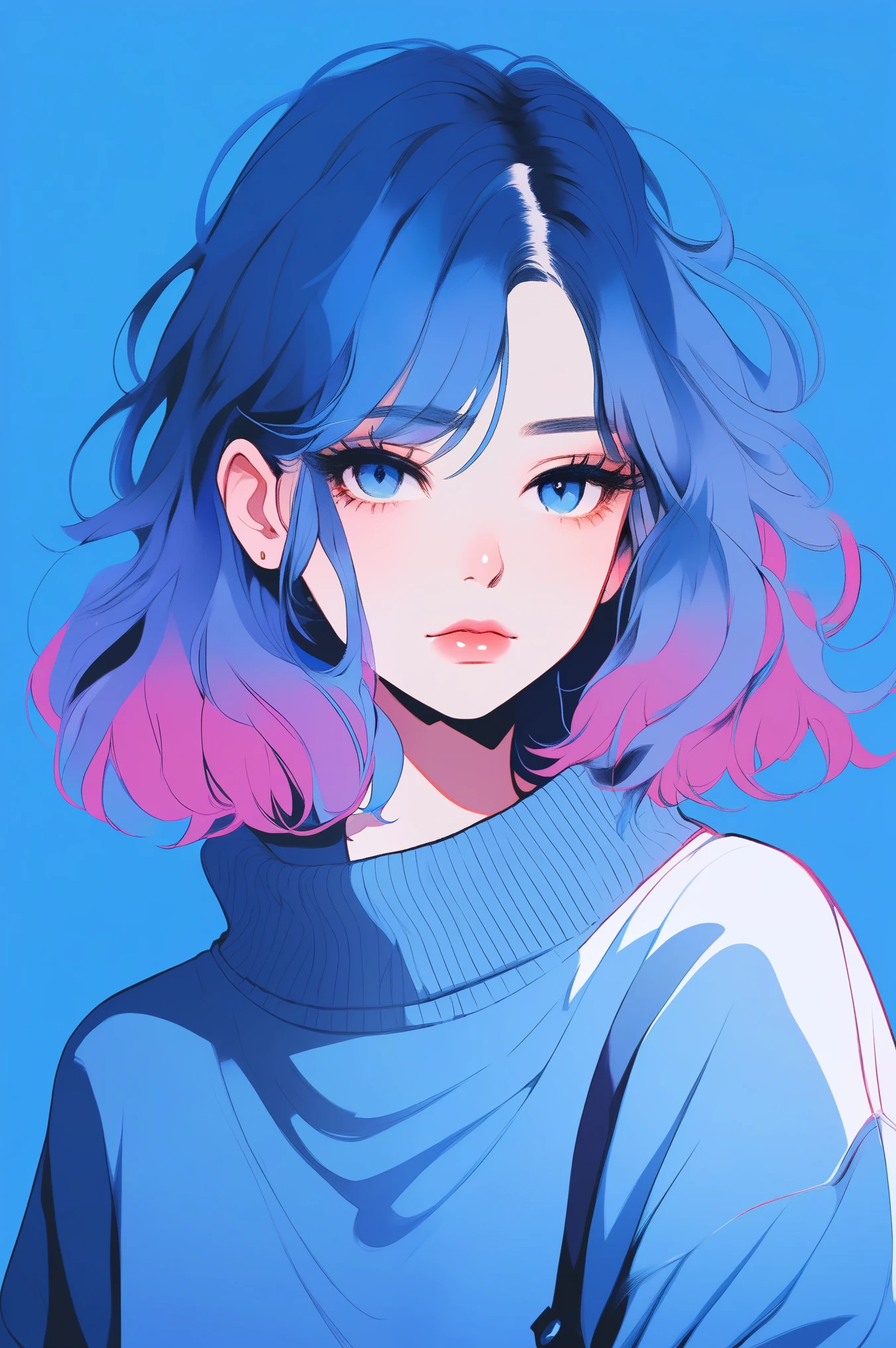 illustrator, anime , realistic ,sketch , 1 girl, ,lip, sweater,order, Blue gradient background, neon hair,Textured trim, Canadian, (masterpiece,Best quality) ganyou