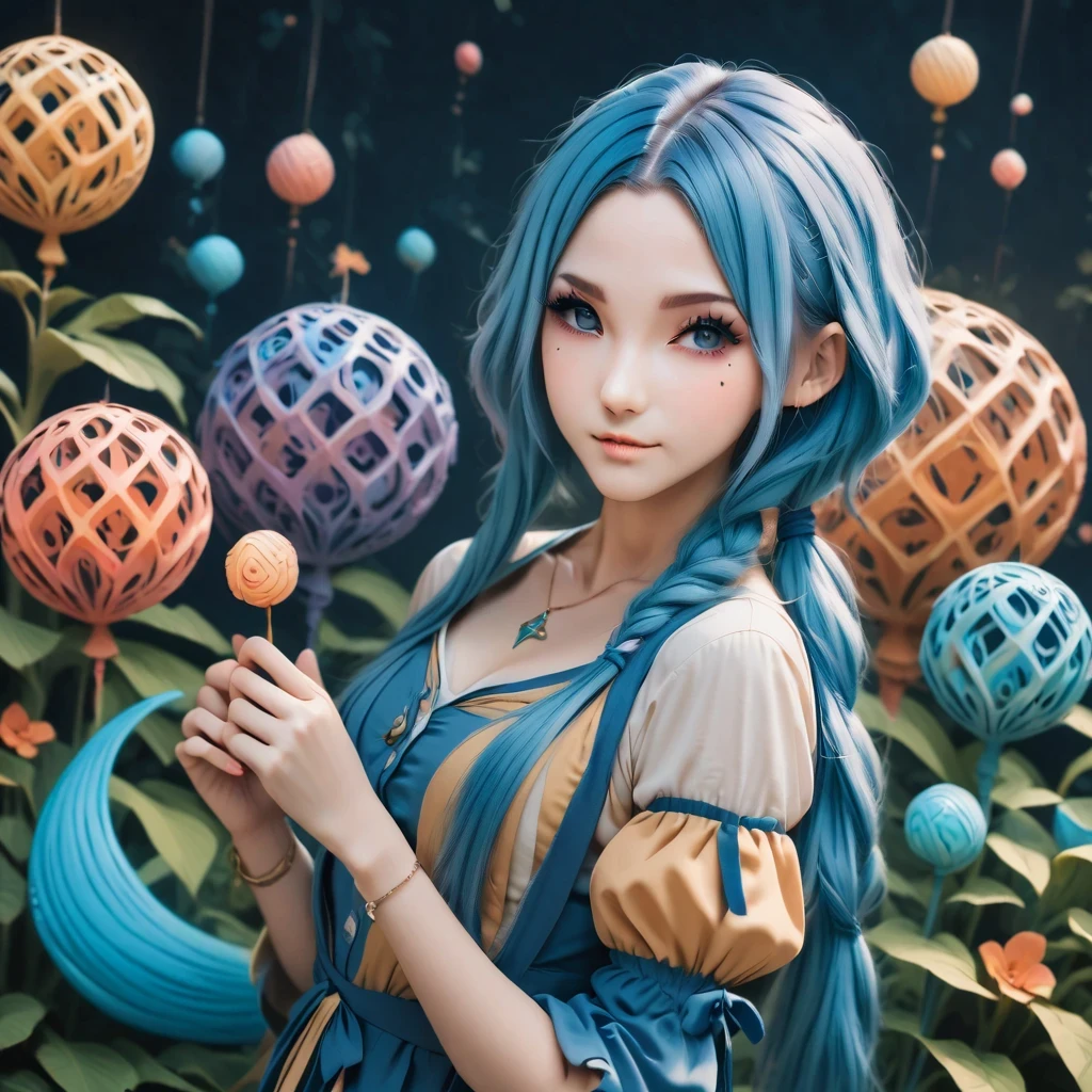 (best quality, highres, ultra sharp). main subject: aisha hanabi, blue hair, mole under eye, flat chested. Background. magical Evening Pond, about the curvature of space time, art decostyle , full colored, 3d crunch, dark tones,