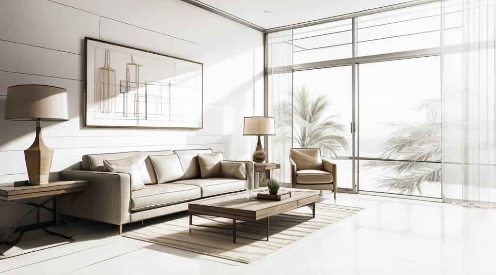 living room, modern, futuristic style, cream leather sofa, wooden floor, lamps, curtains, cream walls,