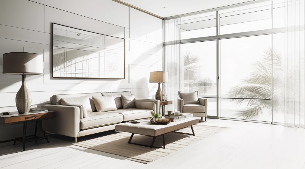 living room, modern, futuristic style, cream leather sofa, wooden floor, lamps, curtains, cream walls,