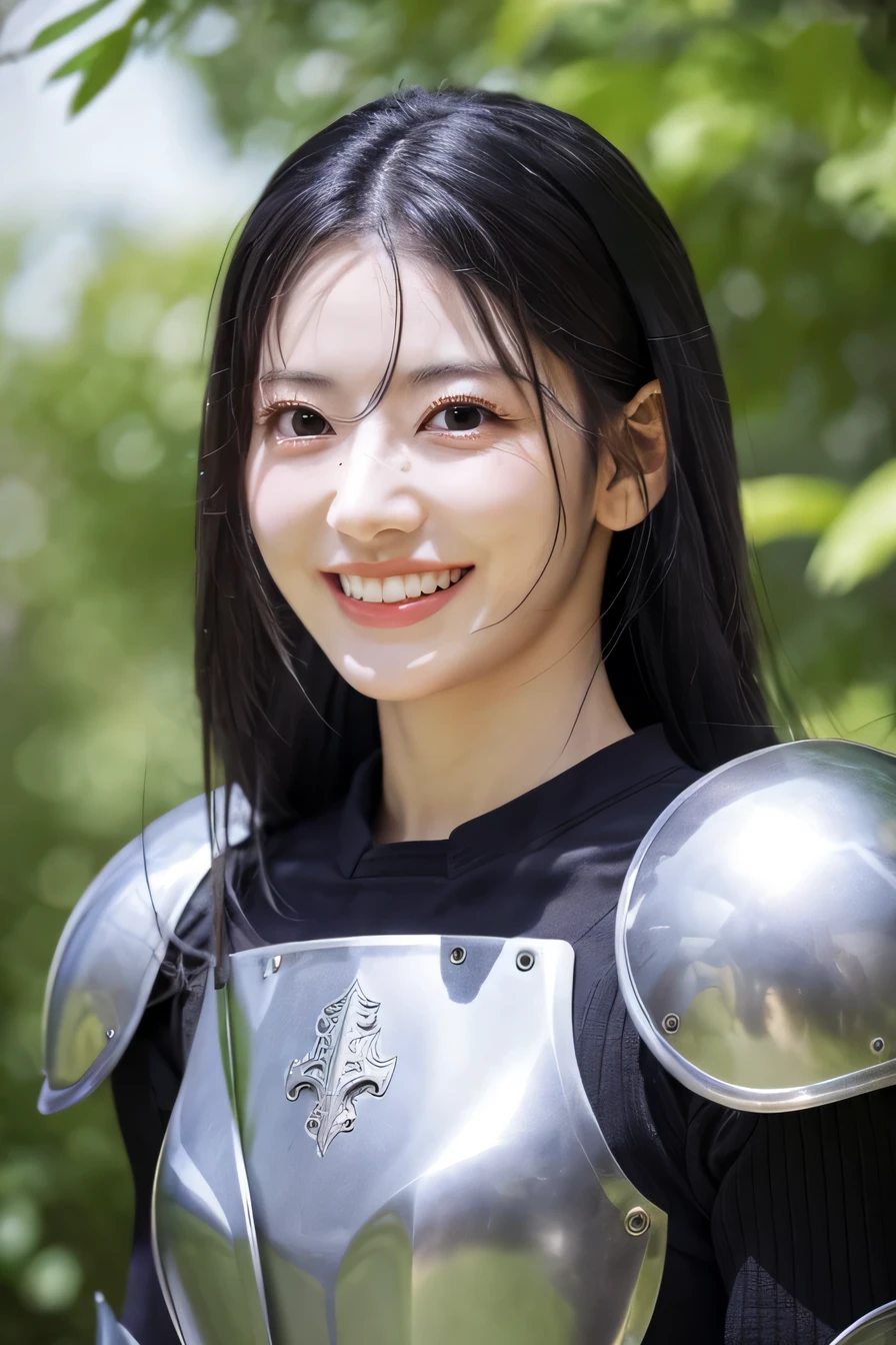 highest resolution, 4k, masterpiece: 1.3), japanese mature, women pictures, sexy, fine eyes, slender body shape, realistic teeth, double eyelid, full body, highest quality, get used to it, equipped with armor, in a fantasy world, The background is a castle、black hair、smile、beautiful teeth、luxurious silver armor、heavy equipment、full body photo、Hold your weapon