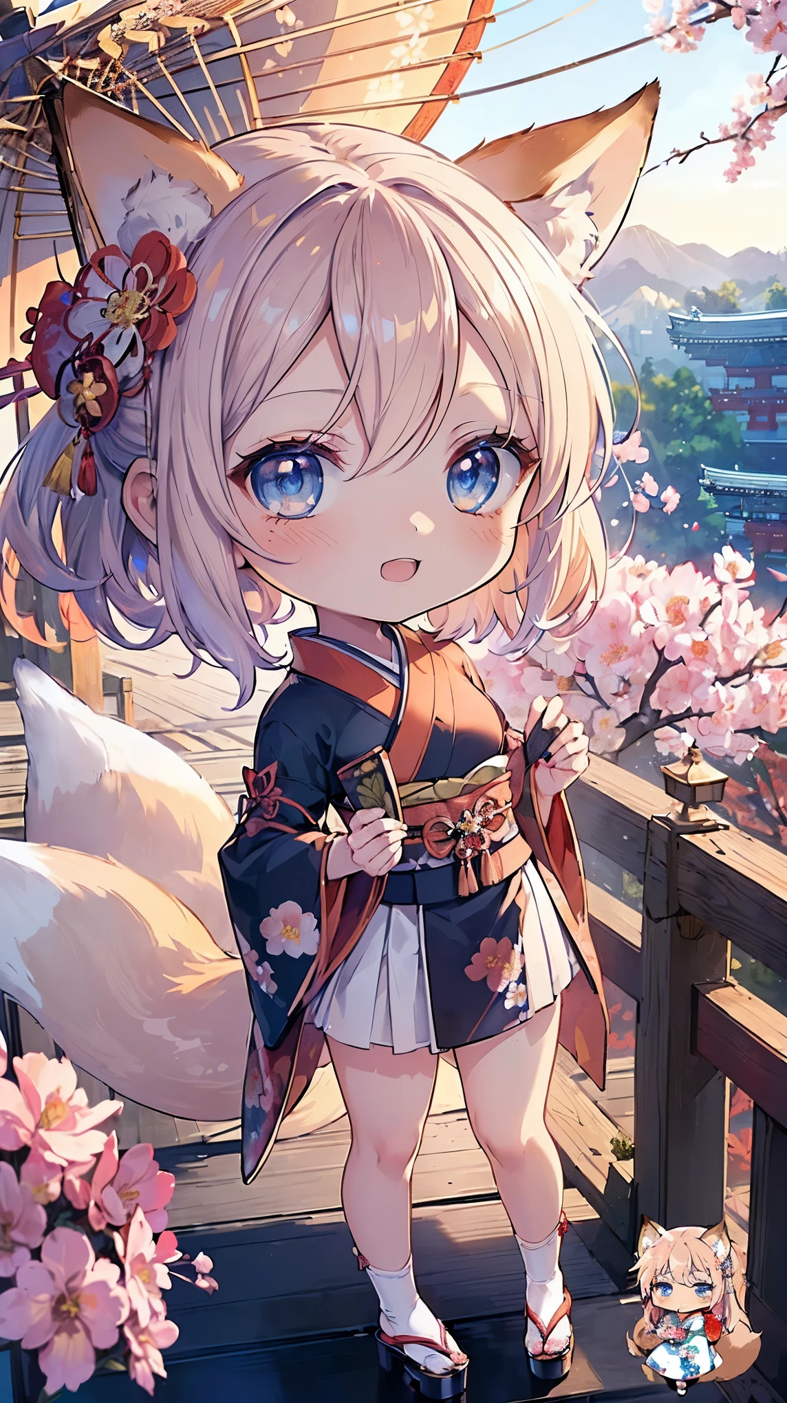 (((Masterpiece))), (((Highest quality))), ((Ultra-detailed)), ((Super fine illustration)), ((Ultra-fine painting)), (16K highest quality wallpaper:1.4), (Chibi:2.0), (Full body:1.6), HDR, (Highly detailed and delicate illustration style:1.8), Detailed skin texture, Detailed cloth texture, Extreme detailed description, (T-masterpiece), (Highly detailed face:1.2), (Highly detailed fox ears:1.2), (Highly detailed shiny golden brown half updo:1.2), (Highly detailed clear blue eyes:1.2), Original, RAW photo, Professional, Intricate details, Super details, Direct light:1.6, (Perfect anatomy:1.4), (Highly detailed hands:1.2), (Highly detailed fingers:1.2), (Highly detailed fingertips:1.2), (24-years-old), Real, (Solo:1.8), ((A very beautiful and attractive fox fashion model with blue eyes wearing a bright red furisode with a floral pattern:1.4)) BRAKE (Beautiful and adorable fox ears:1.6), (Highly detailed and delicate fox ears:1.4), (Beautiful and well-shaped big breasts:1.2), (Beautiful and well-shaped buttocks), (Beautiful and shiny golden brown half updo:1.4), (Highly detailed and delicate golden brown half updo:1.2), (Beautiful clear blue eyes that shine with great detail:1.6), (Highly detailed and delicate blue eyes:1.2), (Highly detailed face:1.4), (Smile:1.5), (Blush:1.4), (Looking at viewer:1.4), (Celebration:1.4) BRAKE (Bright red furisode with floral pattern:1.4), (Japanese traditional costume:1.2) BRAKE (Concept art:1.2), (Detailed fantasy art:1.2) BRAKE (Highly detailed and delicate Ise Grand Shrine in Mie Prefecture in the background just after noon in spring:1.6), (Celebration:1.4), Ise Grand Shrine:1.4, Torii gate of Ise Shrine:1.4, cherry blossoms:1.2, Very beautiful in the sunny sky background just after noon:1.4 BRAKE