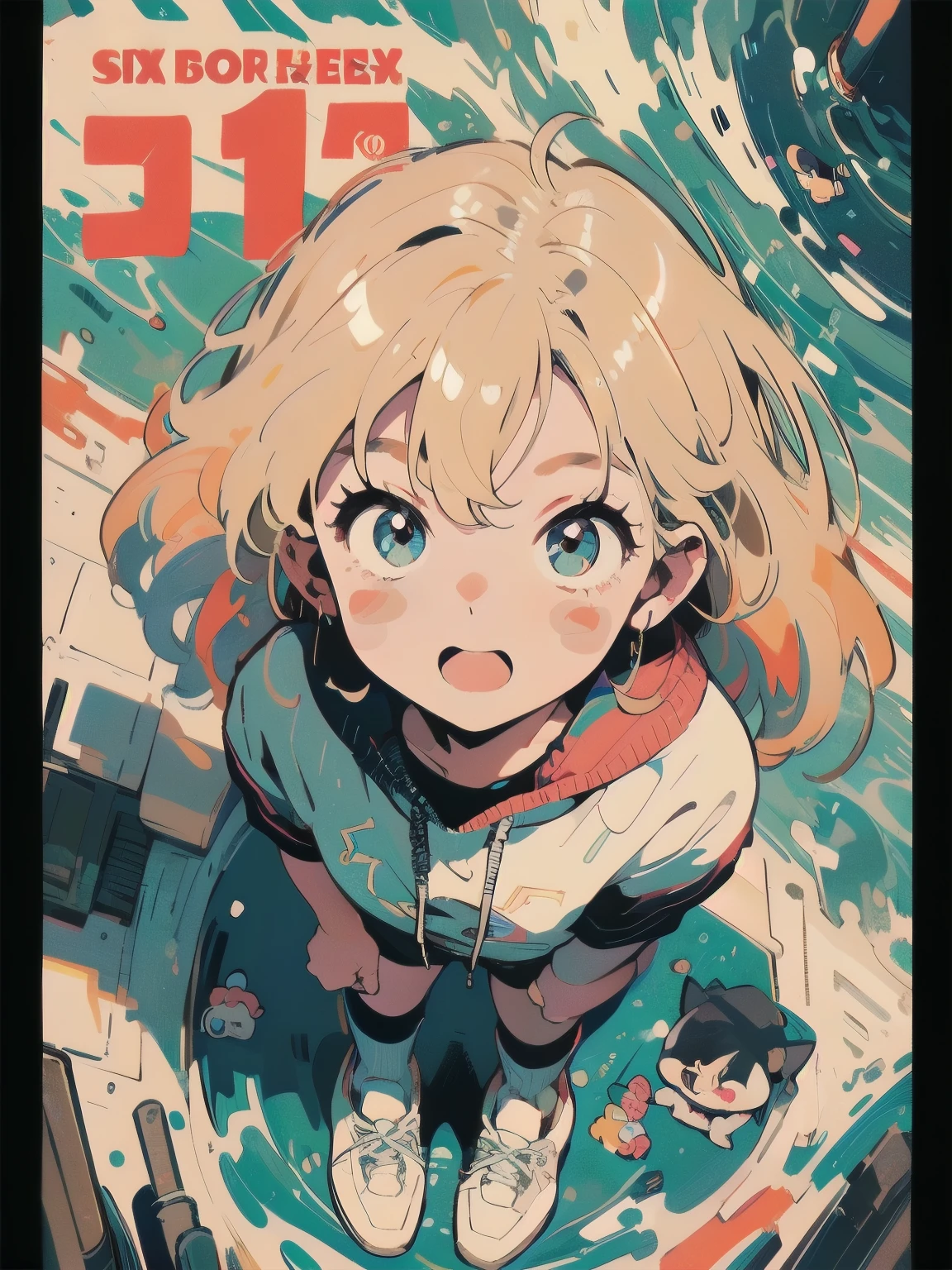 Beautiful Girls in Anime ,clean small surfaces, (magazine cover:1), ((From above:1.3))、((Stare at me while I sleep)), (Lots of stickers:1.5), 1 cute girl, highest quality、ウルトラ - High resolution、High resolution、Detailed CG、8k unit wallpaper、17 years old、fine and beautiful eyes, long hair、(((Different types of colorful super shiny latex swimsuits)))、(((After sunburn)))、VTuber Full Body Model、(shiny body,:1.5)、((Mr.々street fashion、Oversized sweatshirt、socks、tech sneakers))、Breast augmentation、blush, full of embarrassment、(Ahegao:1.3), ((portrait))、room