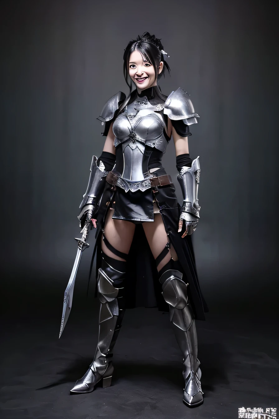 highest resolution, 4k, masterpiece: 1.3), japanese mature, women pictures, sexy, fine eyes, slender body shape, realistic teeth, double eyelid, full body, highest quality, get used to it, equipped with armor, in a fantasy world, The background is a castle、black hair、smile、beautiful teeth、luxurious silver armor、heavy equipment、full body photo、Hold your weapon