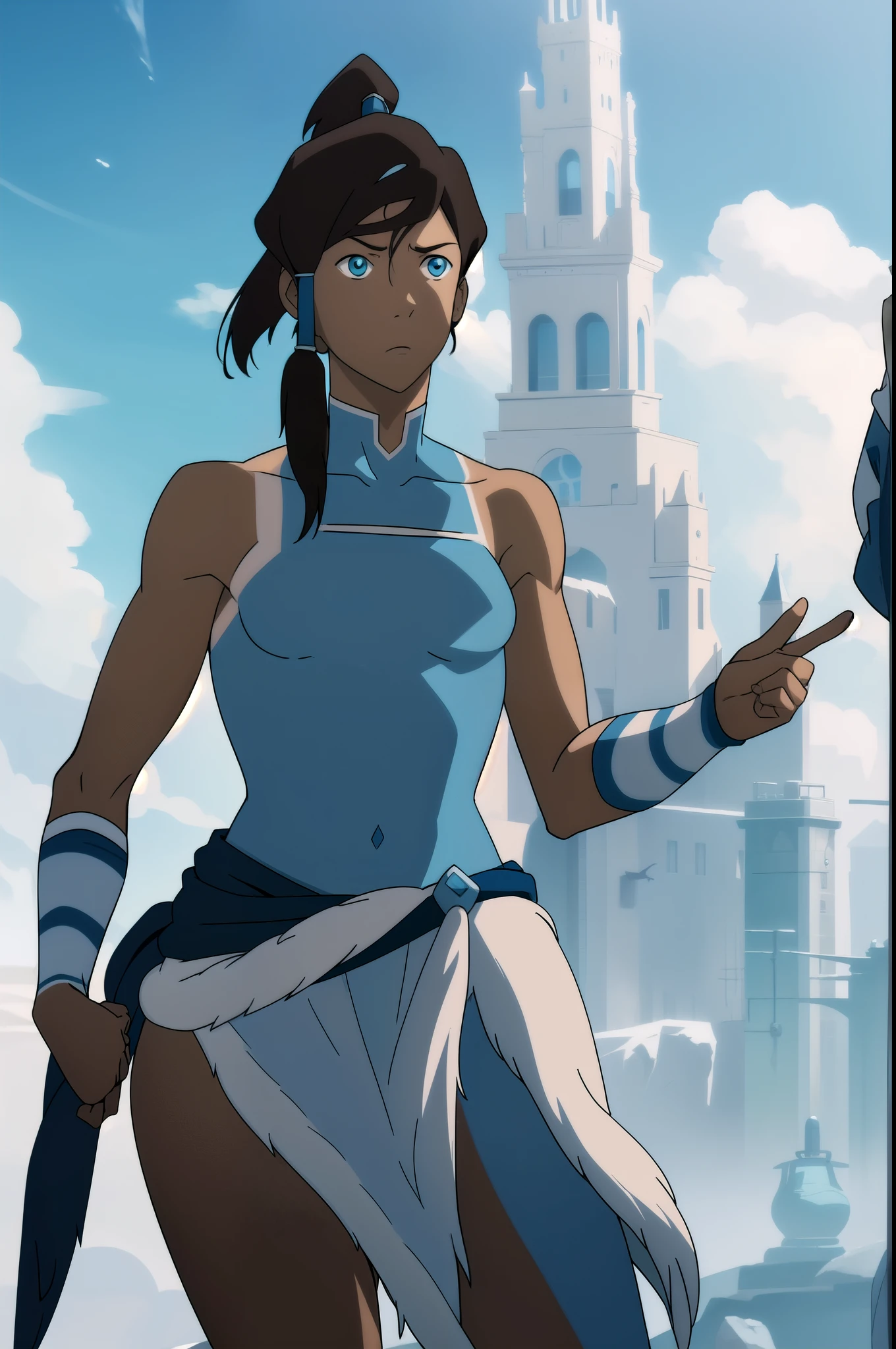 Avatarkorra, korra, blue eyes, dark skin, looking at camera, beautiful , topless, nude, brown nipples , hair tied up, hair tubes, brown hair, blue eyes, female , detaile eyes, snowy background , outdoors, fine face , perfext quality , fourK, water droplets floating around, uppder body