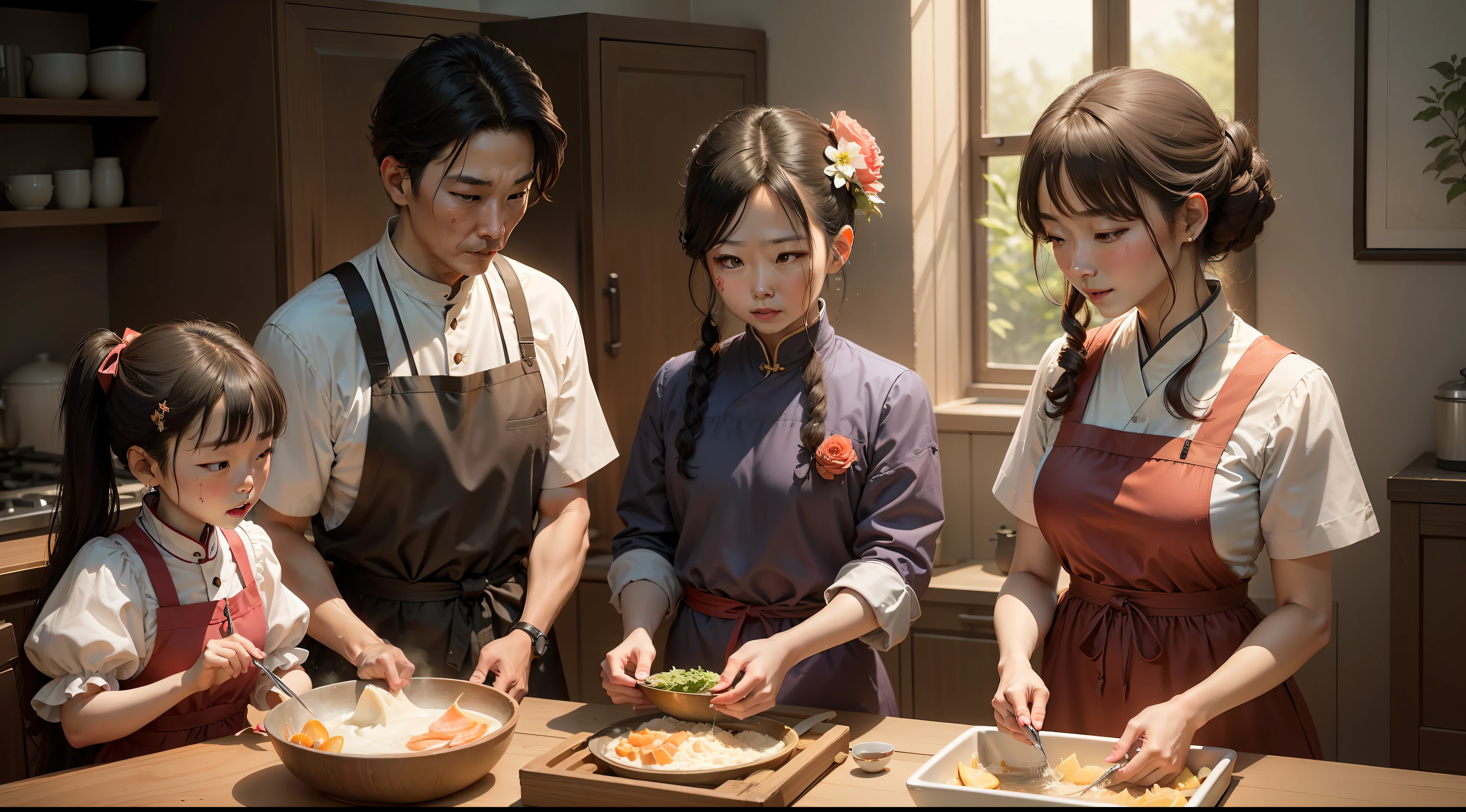 figure:
4. Papa Chen:Anne's boyfriend's father。
5. Other family members(May exist,However, it is not explicitly mentioned in the provided fragment)。
Scenes:
3. Scenario three:Dad Chen and Mama Chen sat together,Cook together、Washing dishes,Cut the fruit,Show a harmonious family atmosphere。
4. Scenario four:Anne noticed the obvious scar on Mother Chen's hand,Curiously asked,Mother Chen's reaction。
