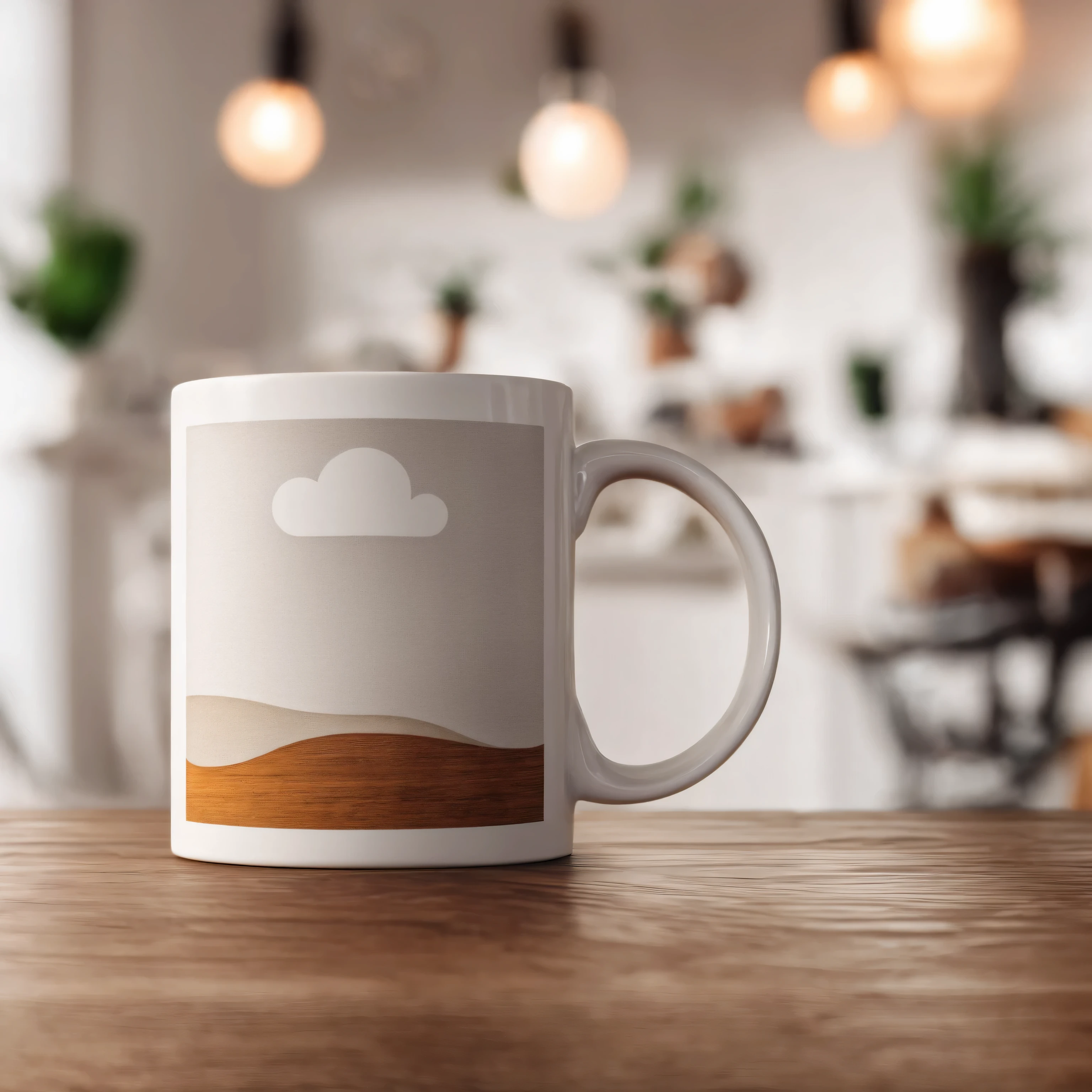 a photo of white mug standing on a wooden desk in a boho interior, realistic, profesional looking, sony a7r photo, shallow depth of field, bright, aesthetic
