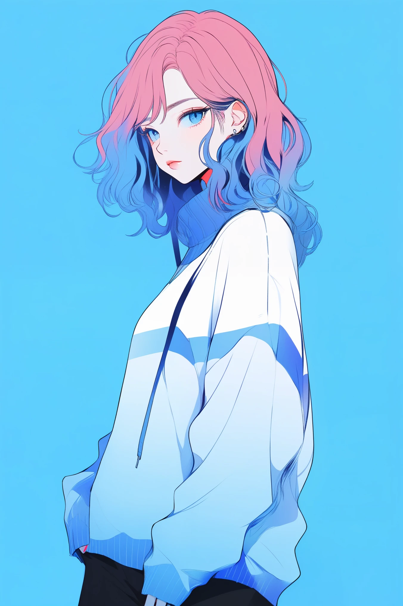 illustrator, anime , realistic ,sketch , 1 girl, ,lip, sweater,order, Blue gradient background, neon hair,Textured trim, Canadian, (masterpiece,Best quality) ganyou