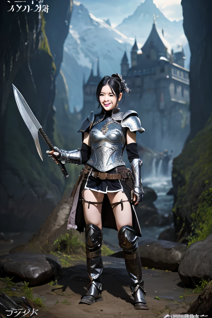 highest resolution, 4k, masterpiece: 1.3), japanese mature, women pictures, sexy, fine eyes, slender body shape, realistic teeth, double eyelid, full body, highest quality, get used to it, equipped with armor, in a fantasy world, The background is a castle、black hair、smile、beautiful teeth、luxurious silver armor、heavy equipment、full body photo、Hold your weapon

