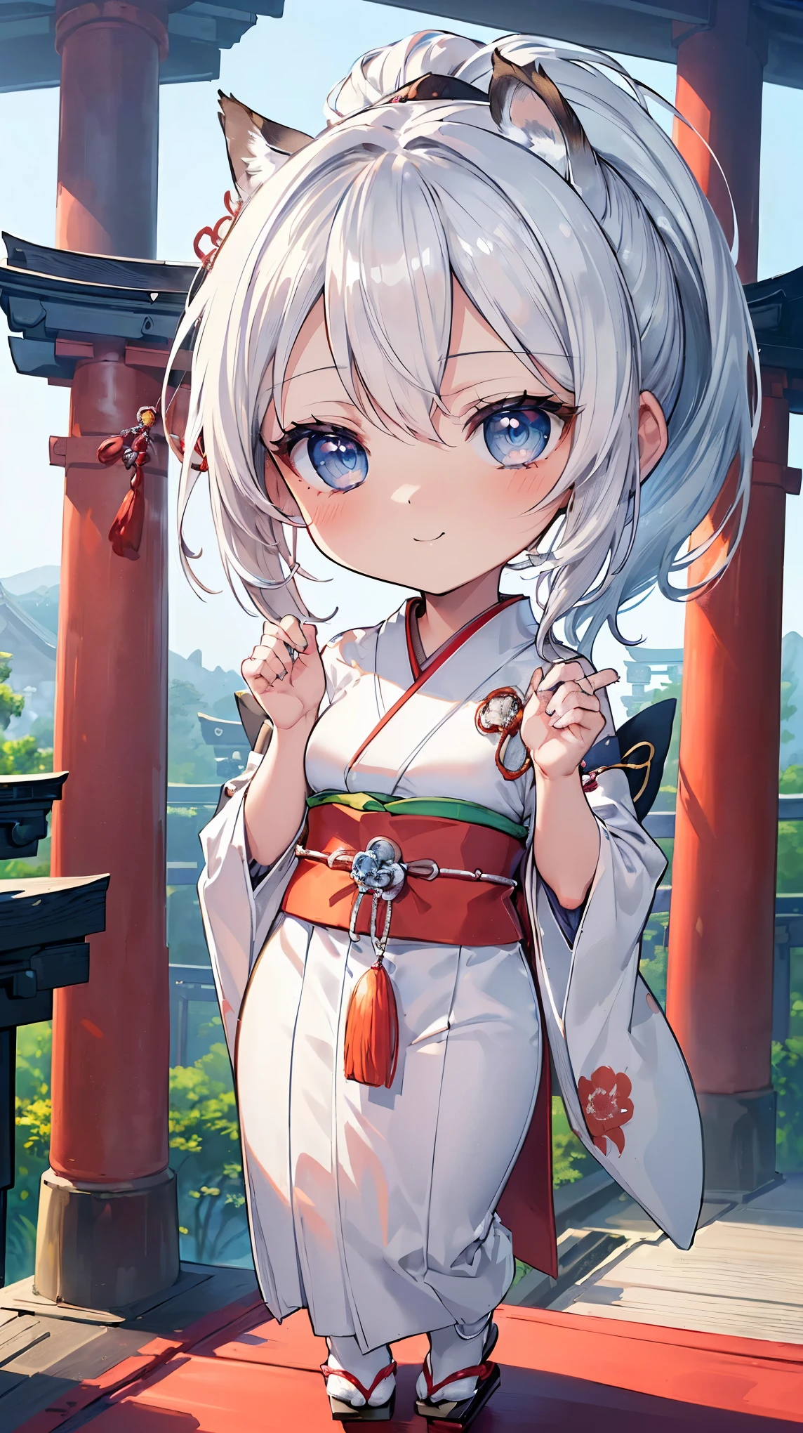 (((Masterpiece))), (((Highest quality))), ((Ultra-detailed)), ((Super fine illustration)), ((Ultra-fine painting)), (16K highest quality wallpaper:1.4), (Chibi:2.0), (Full body:1.6), HDR, (Highly detailed and delicate illustration style:1.8), Detailed skin texture, Detailed cloth texture, Extreme detailed description, (T-masterpiece), (Highly detailed face:1.2), (Highly detailed silver fox ears:1.2), (Highly detailed shiny ponytail:1.2), (Highly detailed beautiful eyes:1.2), (Highly detailed silver nine tails:1.2), Original, RAW photo, Professional, Intricate details, Super details, Direct light:1.6, (Perfect anatomy:1.4), (Highly detailed hands:1.2), (Highly detailed fingers:1.2), (Highly detailed fingertips:1.2), (27-years-old), Real, (Solo:1.6), ((A very beautiful and attractive silver fox fashion model who is a messenger of God and a traditional Japanese sacred shrine maiden:1.4)) BRAKE (Beautiful and adorable silver fox ears:1.6), (Highly detailed and delicate silver fox ears:1.4), (Beautiful and well-shaped big breasts:1.2), (Beautiful and well-shaped buttocks), (Beautiful and shiny silver ponytail:1.6), (Highly detailed and delicate silver ponytail:1.2), (Beautiful clear blue eyes that shine with great detail:1.6), (Highly detailed and delicate blue eyes:1.2), (Highly detailed face:1.4), (Smile:1.3), (Blush:1.2), (Looking at viewer:1.4) BRAKE (Brightly colored and divine traditional shrine maiden costumes at Japanese shrines:1.4), (Japanese divine traditional costume:1.2) BRAKE (Highly detailed and beautiful Ise Grand Shrine in Mie Prefecture just after noon in spring in the background:1.6), Ise Grand Shrine:1.2, Torii gate of Ise Shrine:1.2, Grounds of Ise Shrine:1.2, Highly beautiful in the sunny sky background just after noon:1.2 BRAKE
