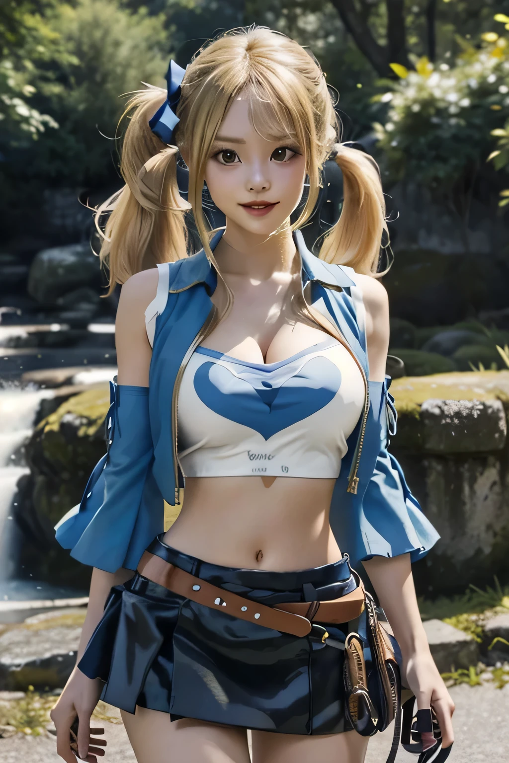 masterpiece, highest quality, High resolution, lucy heartfilia, blonde hair, long hair, big breasts, white shirt, No sleeve, belt, blue skirt, cowboy shot, Are standing, looking at the viewer, outdoor, wave hands, smile, open your mouth,lucy heartfilia, blonde hair, twintails, large breasts, black thighhighs, detached sleeves, midriff, cropped vest, strapless, belt, black skirt