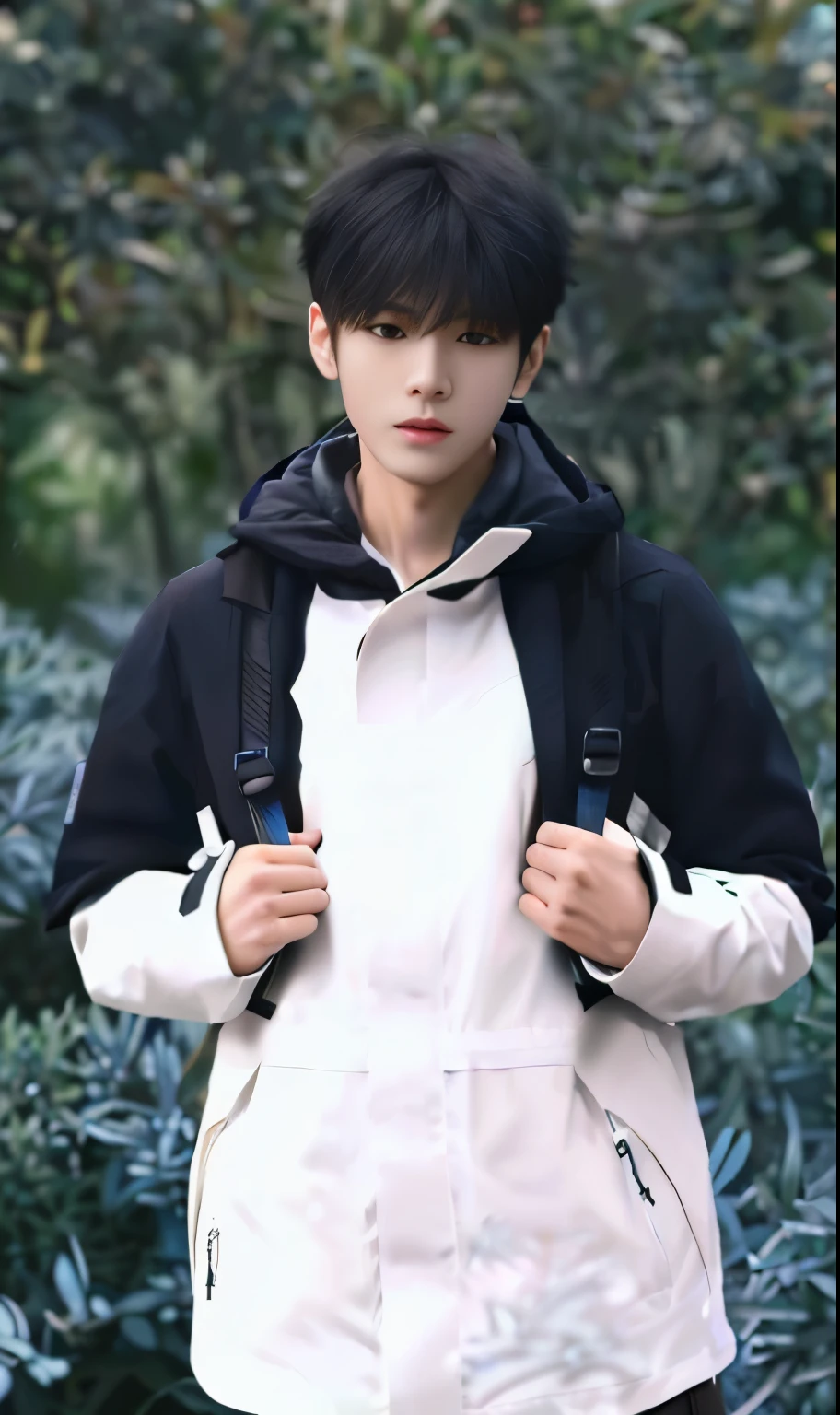 Alafard man in white jacket and black pants carrying a backpack, Inspired by Zhang Han, Cai Xukun, Kim Do-young, Inspired by Bian Shoumin, Inspired by Xiao Yuncong, yihao ren, yanjun cheng, jinyiwei, inspired by Huang Gongwang, xintong chen, Jacket, wearing japanese techwear
