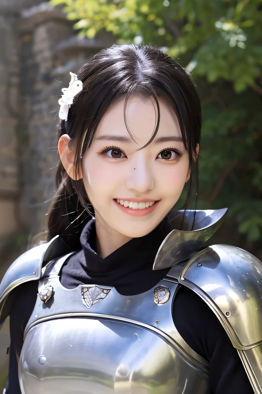 highest resolution, 4k, masterpiece: 1.3), japanese mature, women pictures, sexy, fine eyes, slender body shape, realistic teeth, double eyelid, full body, highest quality, get used to it, equipped with armor, in a fantasy world, The background is a castle、black hair、smile、beautiful teeth、luxurious silver armor、heavy equipment、full body photo、Hold your weapon