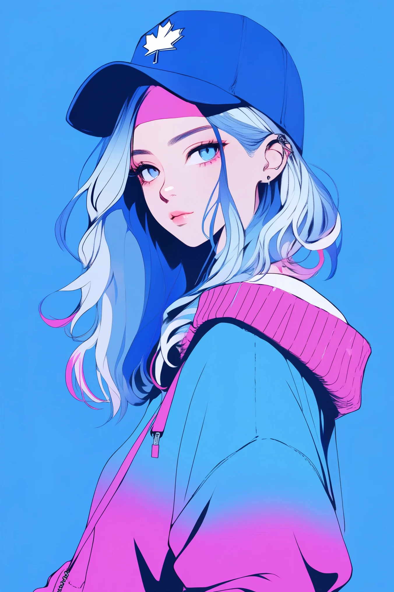 illustrator, anime , realistic ,sketch , 1 girl, ,lip, sweater,order, Blue gradient background, neon hair,Textured trim, Canadian, (masterpiece,Best quality) ganyou