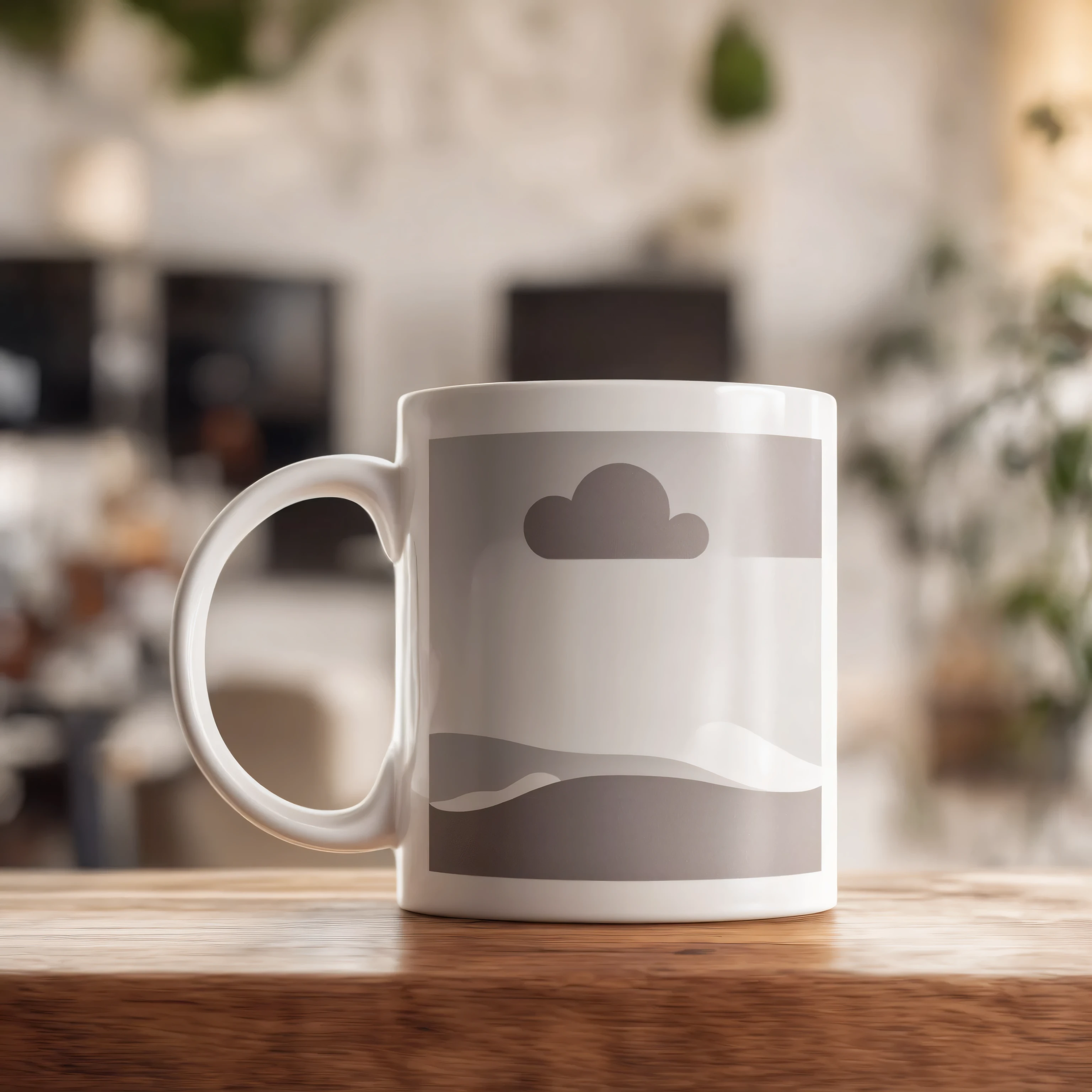 a photo of white mug standing on a wooden desk in a boho interior, realistic, profesional looking, sony a7r photo, shallow depth of field, bright, aesthetic