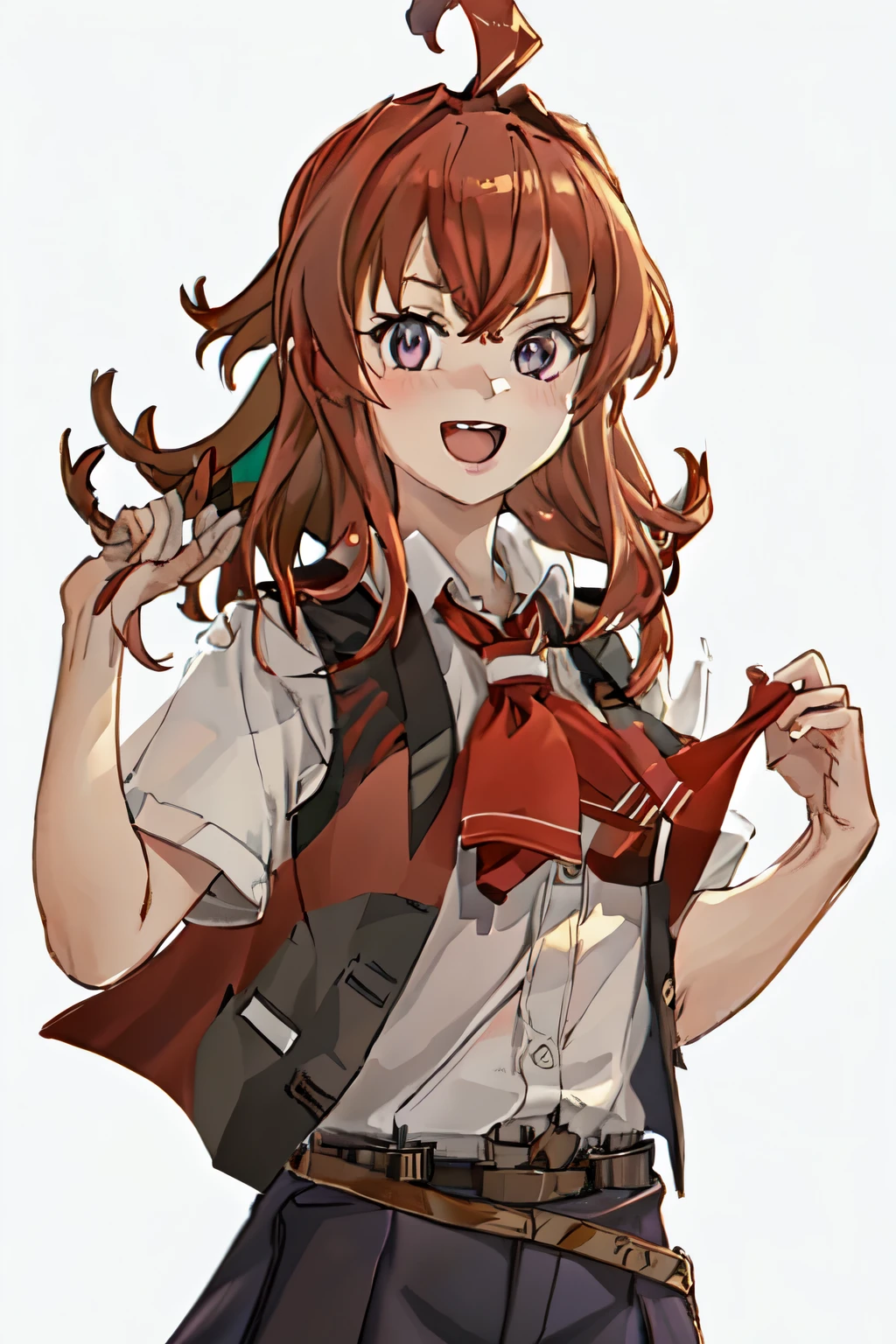 highest quality, masterpiece, High resolution, 一人in, {arashi_Fleet Collection:1.15}, length_hair, red_hair, One_~ side_superior, Ahoge, Brown_eye, red面, ribbon, red_ribbon, vest, head_ribbon, smile, chest, black_vest, blouse, Open_mouth, 1 girl, alternine_costume, collarbOne, looking for_in_viewer, simple_background, Jacket, purple_eye, short sleeve shirt, white_background, :d, Open_Clothes